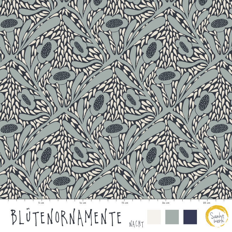 Organic Fabric - Floral Ornaments Night by Sanktwerk in blue