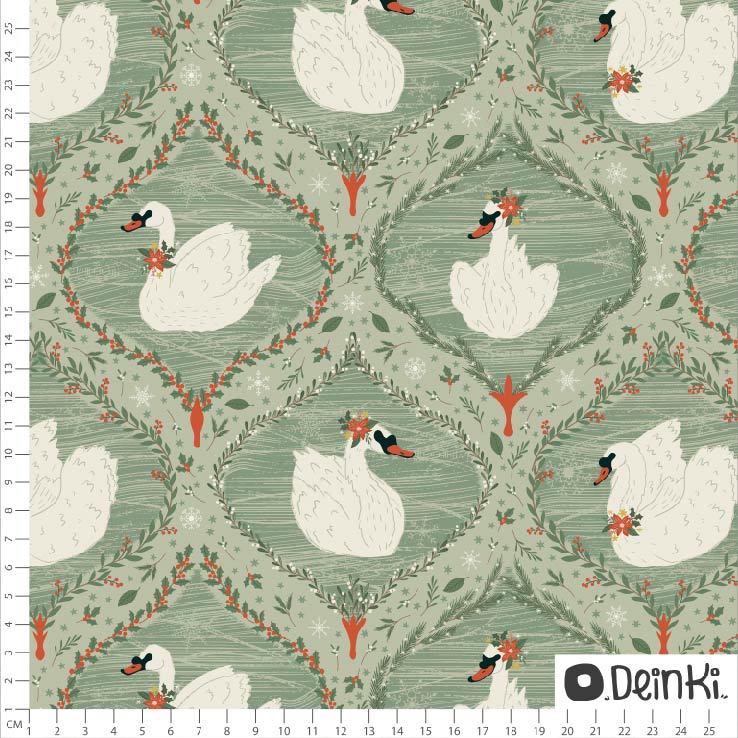 Bio Stoff - Weihnachtsschwäne grün