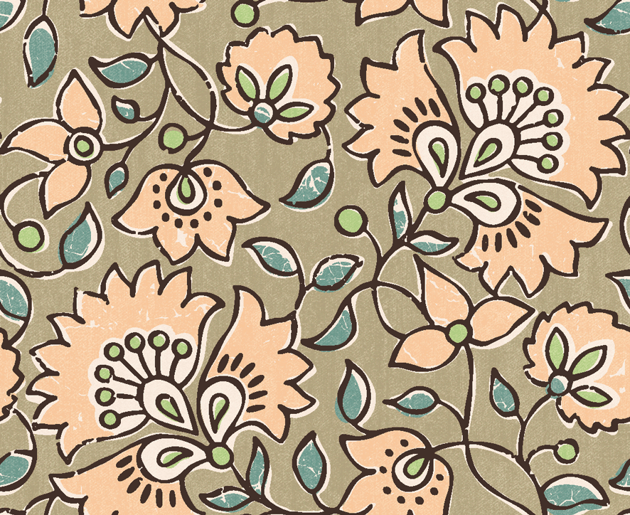 Bio Stoff - Floraler Blockprint Salbeigruen von Alexandra Weise in grün