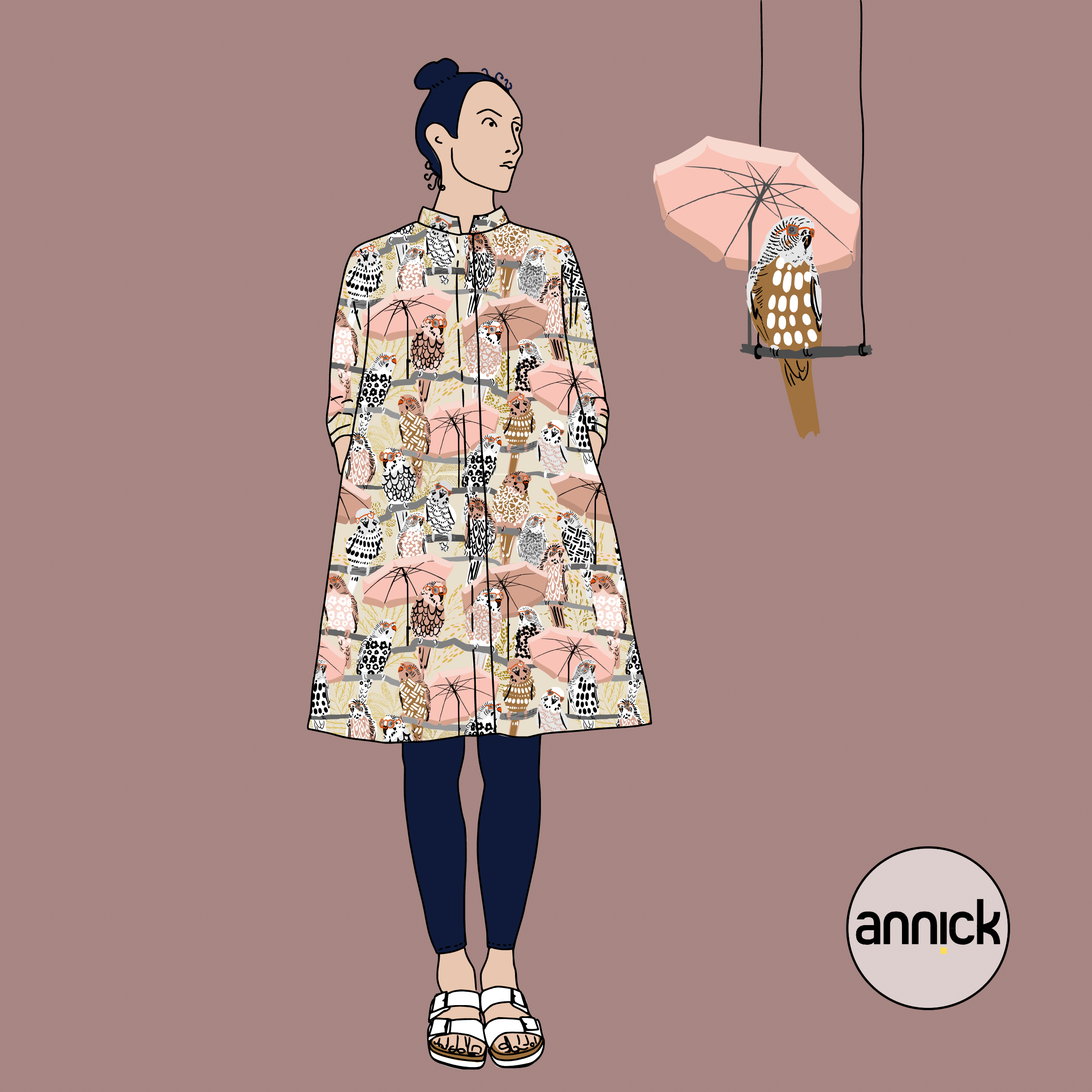 Bio Canvas Stoff  -  Budgie on Vacation Cream White  - Annick, Tiere, creme, rosa, 100% Bio-Baumwolle