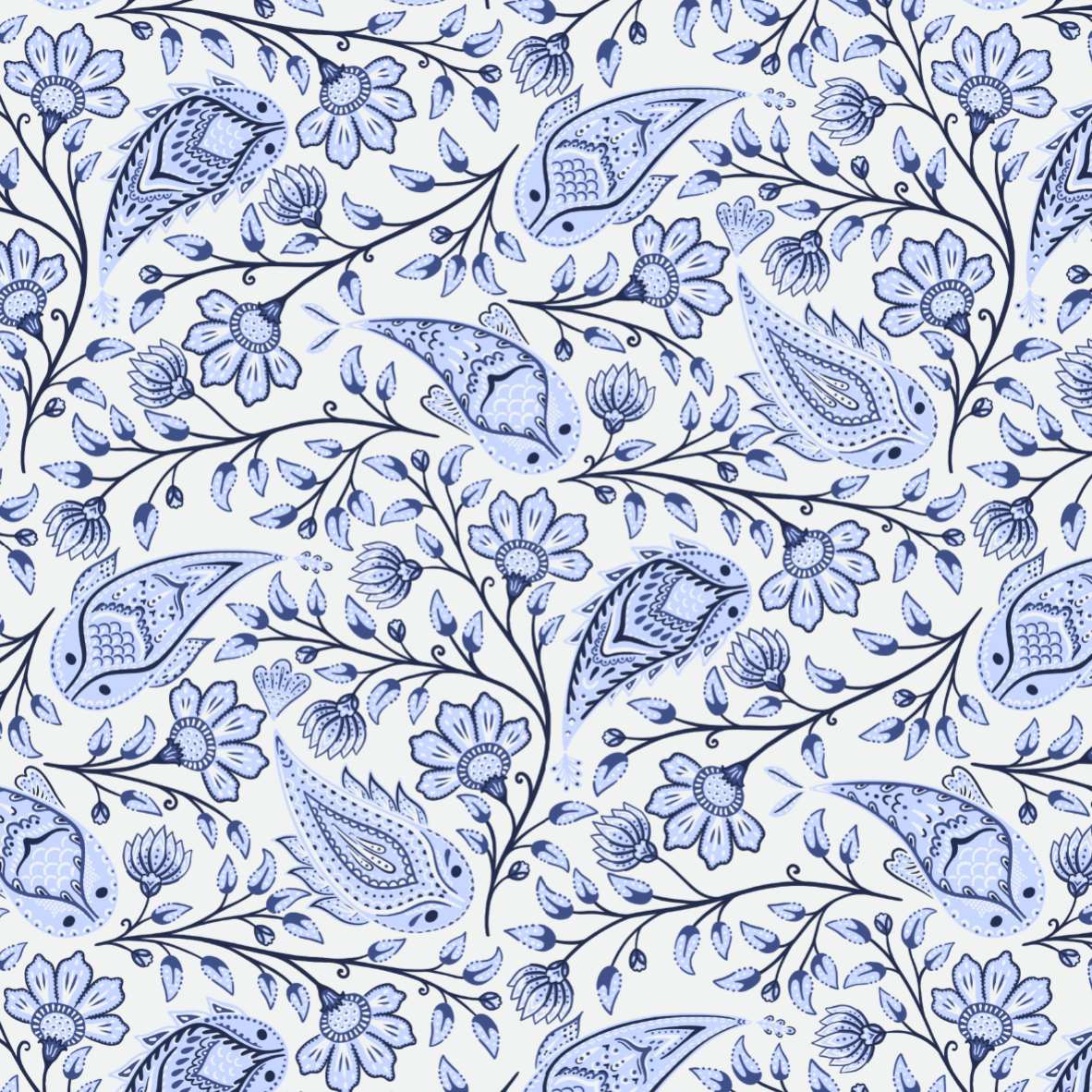 Organic Fabric  - Paisley Garden Fish blue
