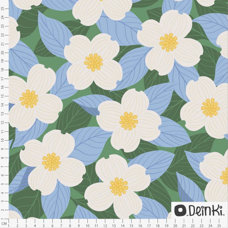 Bio Summersweat Stoff  - Blütenhartriegel Weiss Hellblau - Deinki, blau, Floral & Blumen Breite 150 cm