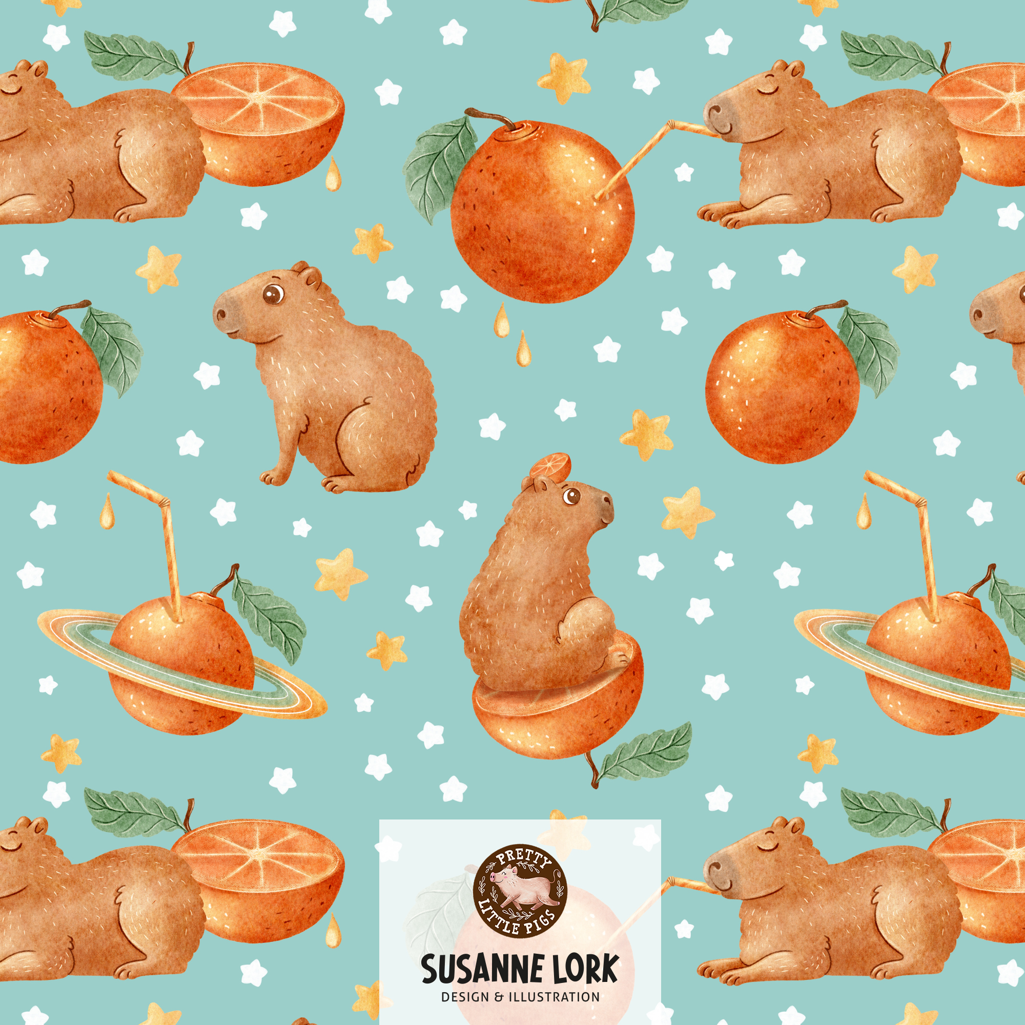 Organic Fabric - Planet Capybara Aqua by Pretty Little Pigs in blue