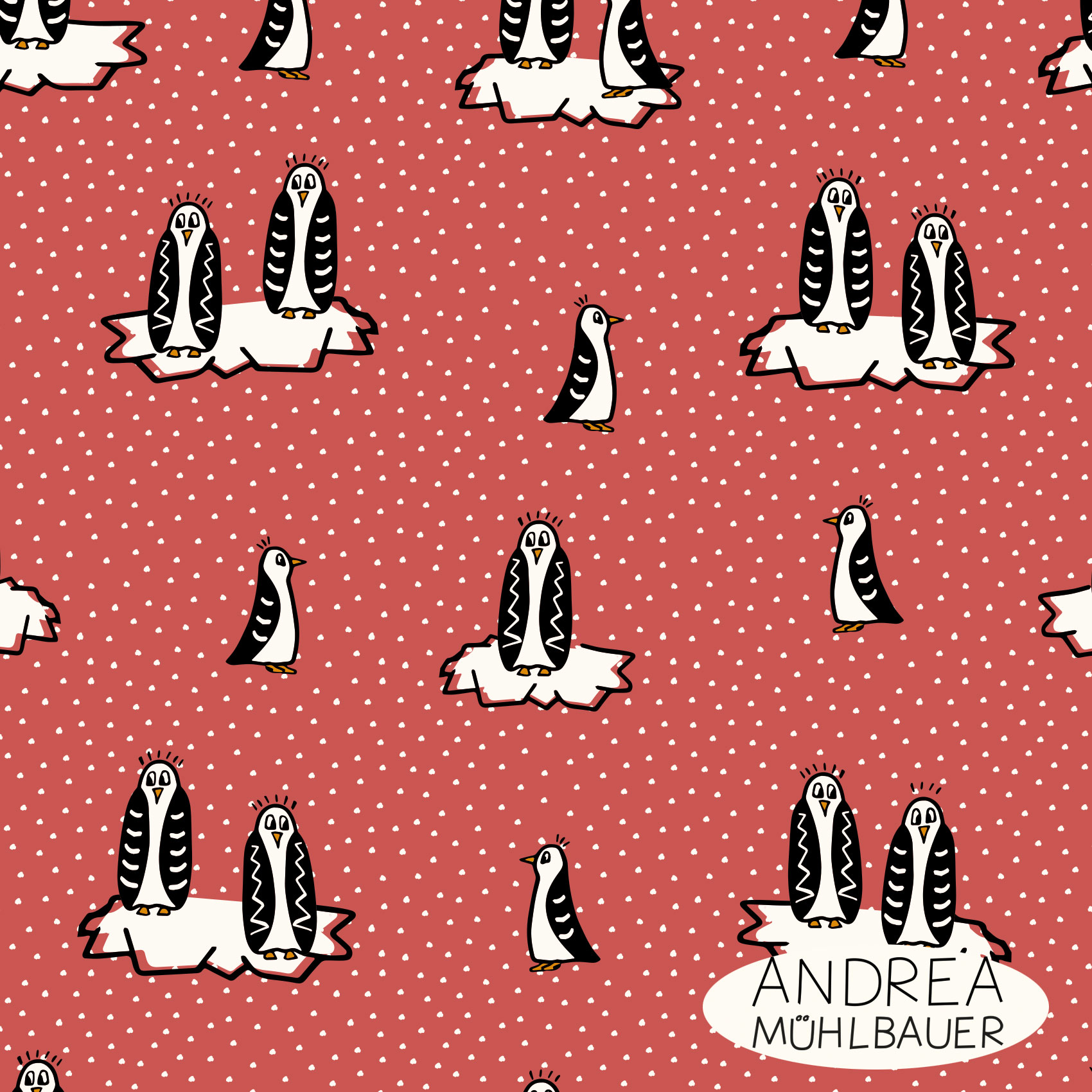 Bio Webware Stoff  - Penguin on Red - AndreaMuehlbauer, Tiere, rot, 100% Bio-Baumwolle