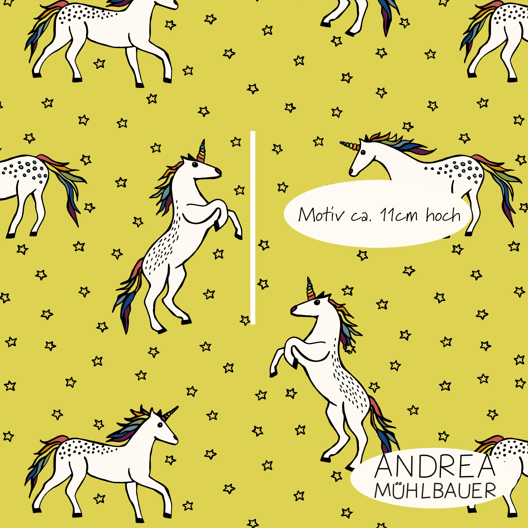 Bio Webware Stoff  -  Einhörner Middle Yellow  - AndreaMuehlbauer, Tiere, Fantasy, rot, 100% Bio-Baumwolle