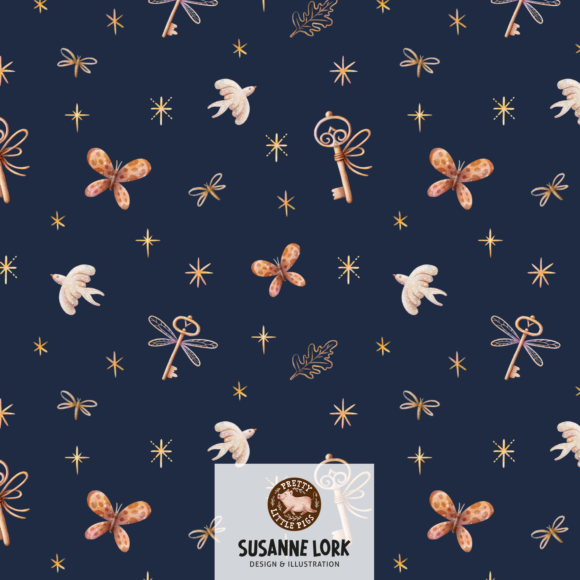 Organic Fabric - Magical Forest Keys Dark Blue by Pretty Little Pigs in blue