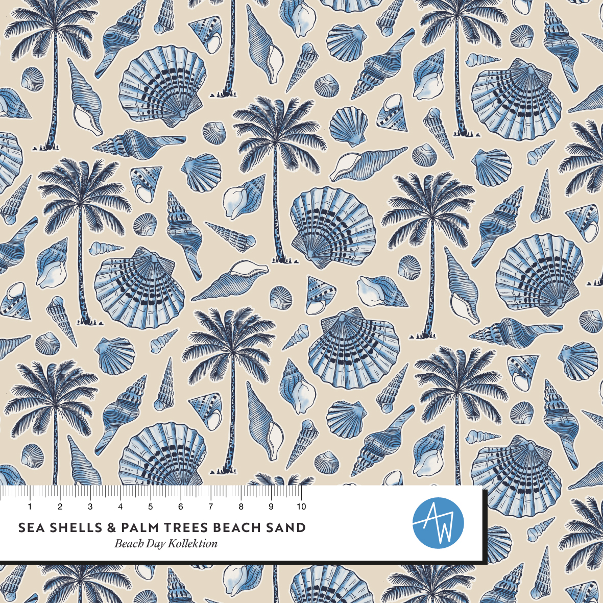Bio Stoff - Sea Shells And Palm Trees Beach Sand von Alexandra Weise in beige-blau
