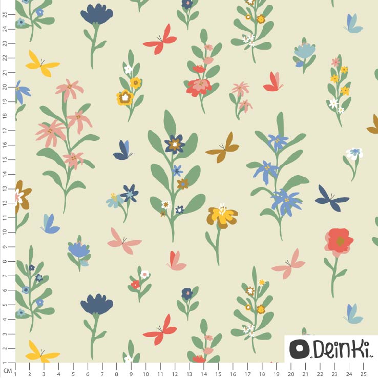 Bio Webware Stoff - Schmetterlinge auf der Blumenwiese - Deinki, Garten, Frühling, Floral & Blumen, creme, 100% Bio-Baumwolle Bio Webware Stoff - Schmetterlinge auf der Blumenwiese - Deinki, Garten, Frühling, Floral & Blumen, creme, 100% Bio-Baumwolle