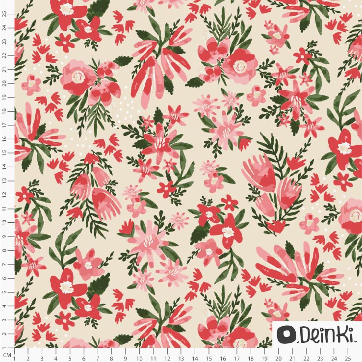 Bio Stoff  -  Gemalte Blumen  - Deinki, creme, Floral & Blumen, Sommer