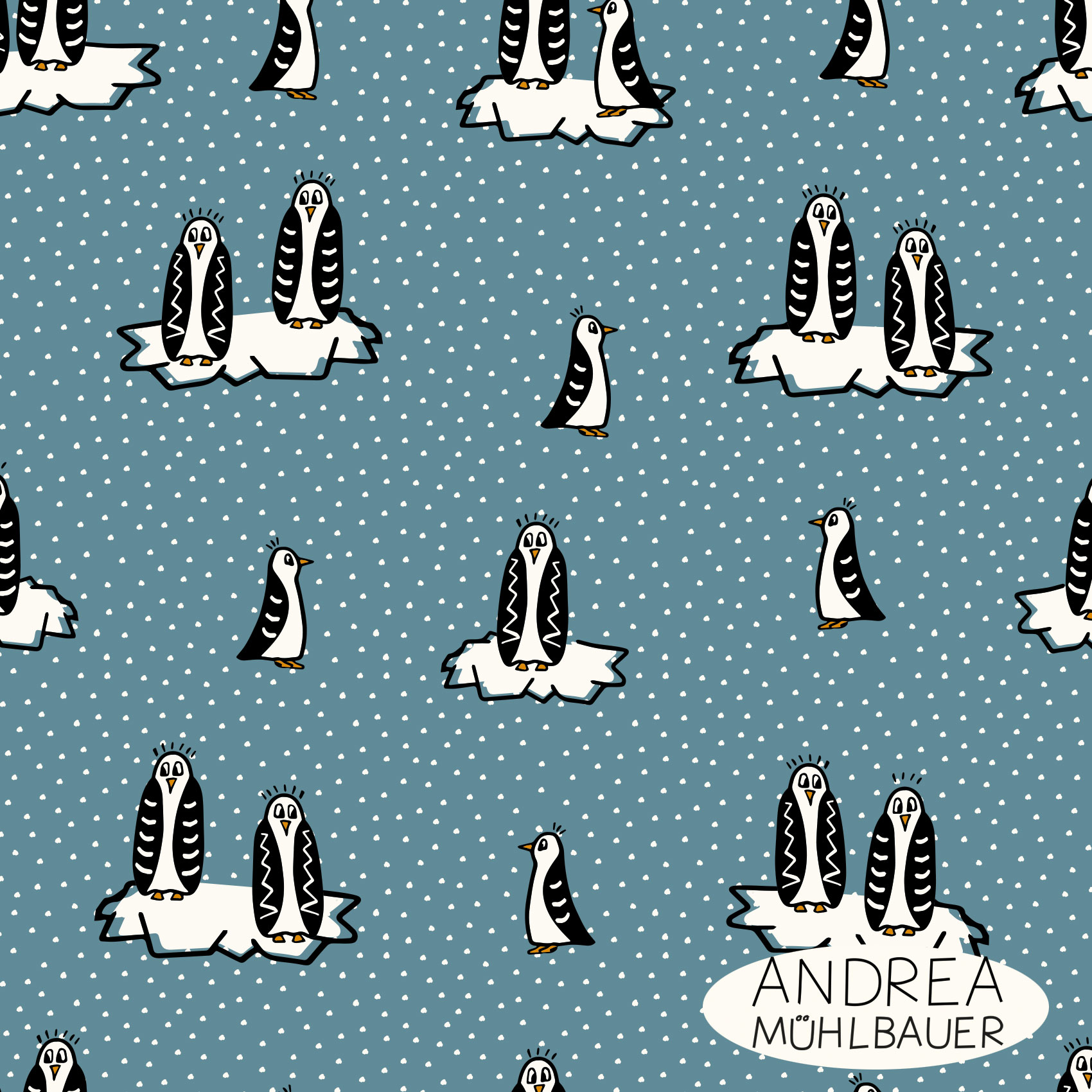 Bio Webware Stoff  - Penguin on Sky Blue - AndreaMuehlbauer, Tiere, blaut, 100% Bio-Baumwolle