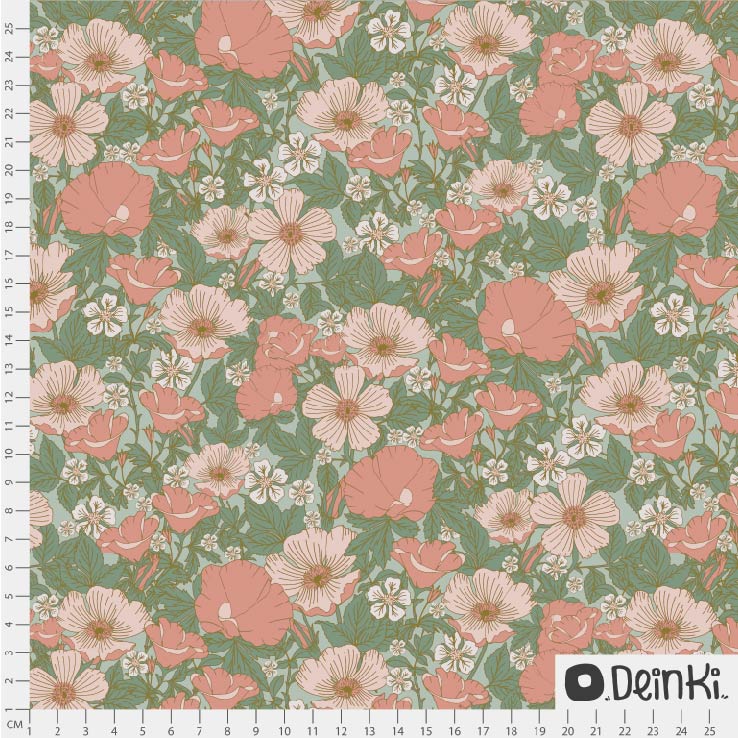 Bio Stoff  - Blumenpracht Grün Rosa  - Deinki, grün, Floral & Blumen