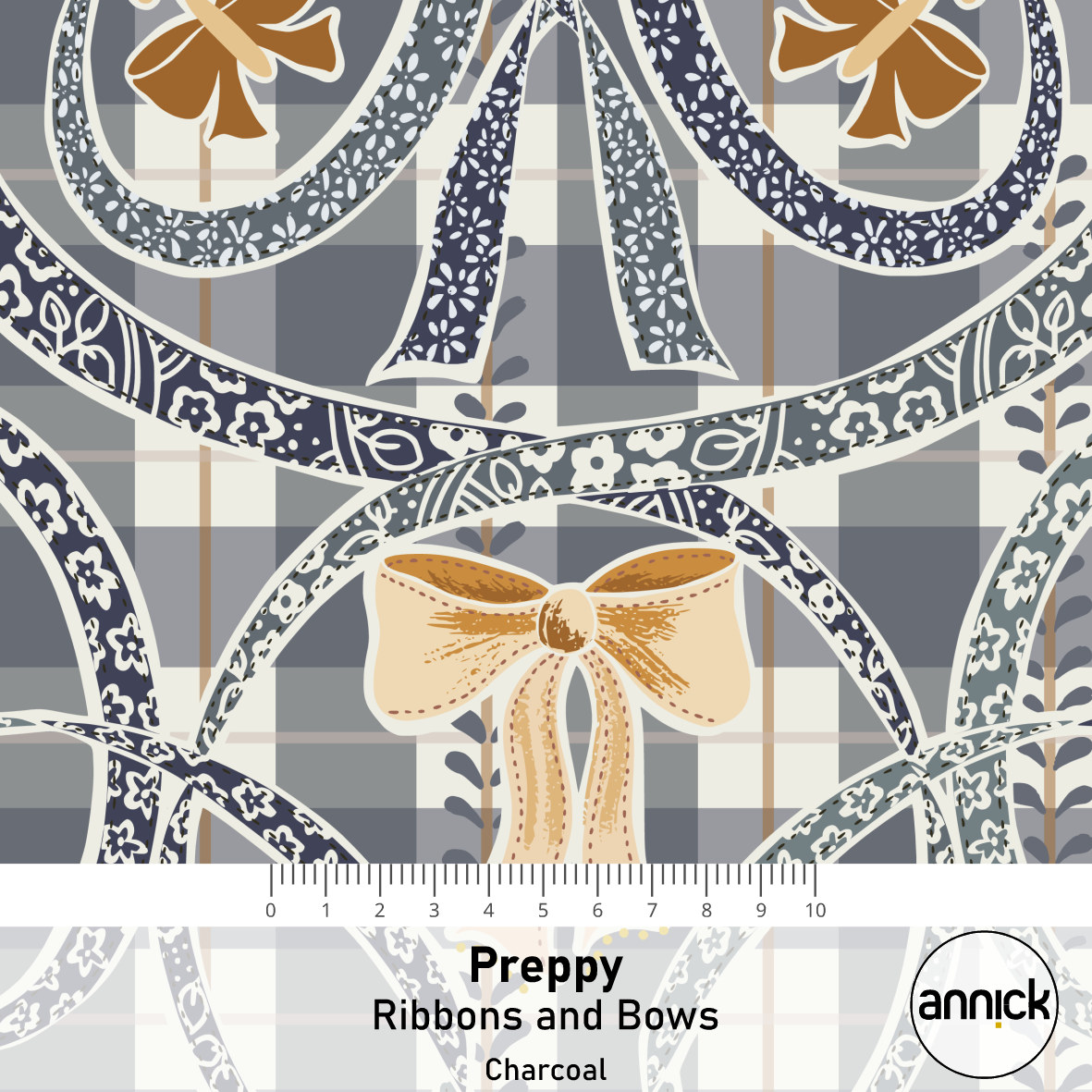 Bio Stoff - Preppy Ribbons And Bows Charcoal von Annick in grau
