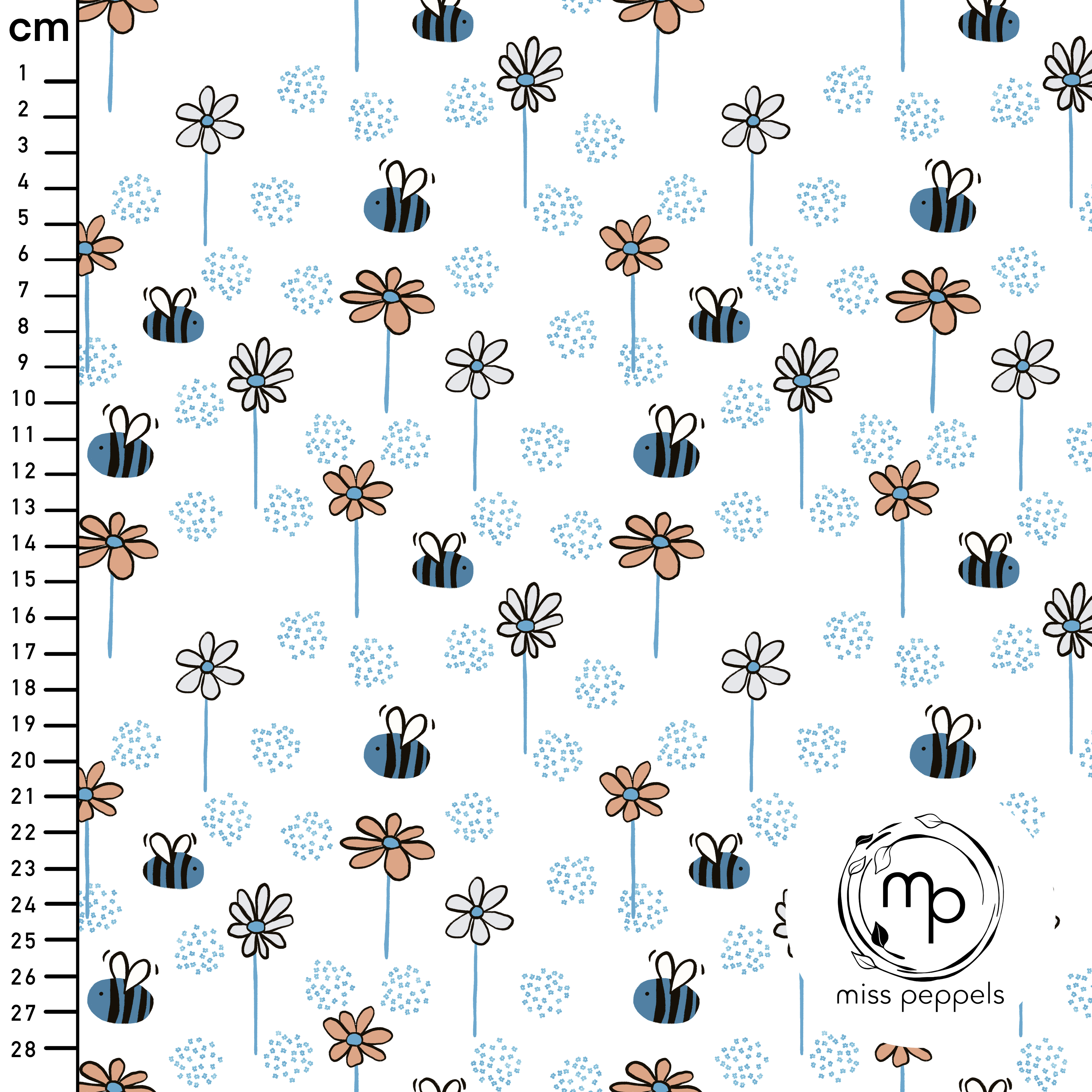 Bio Stoff  - Bienen in Blumen blau