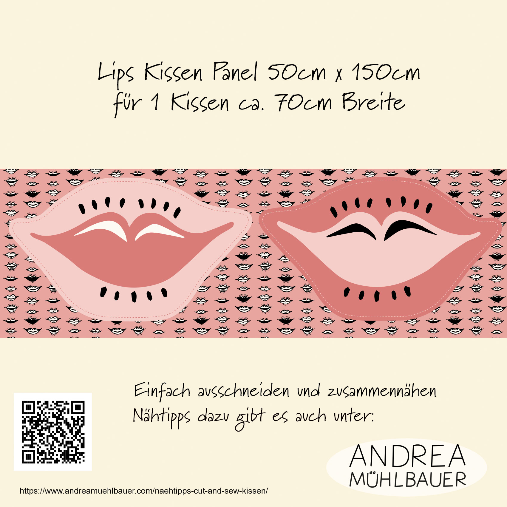 Bio Webware Stoff - 50 cm Panel Kissen Lips - AndreaMuehlbauer, Rosa, Panel, 100% Bio-Baumwolle Bio Webware Stoff - 50 cm Panel Kissen Lips - AndreaMuehlbauer, Rosa, Panel, 100% Bio-Baumwolle