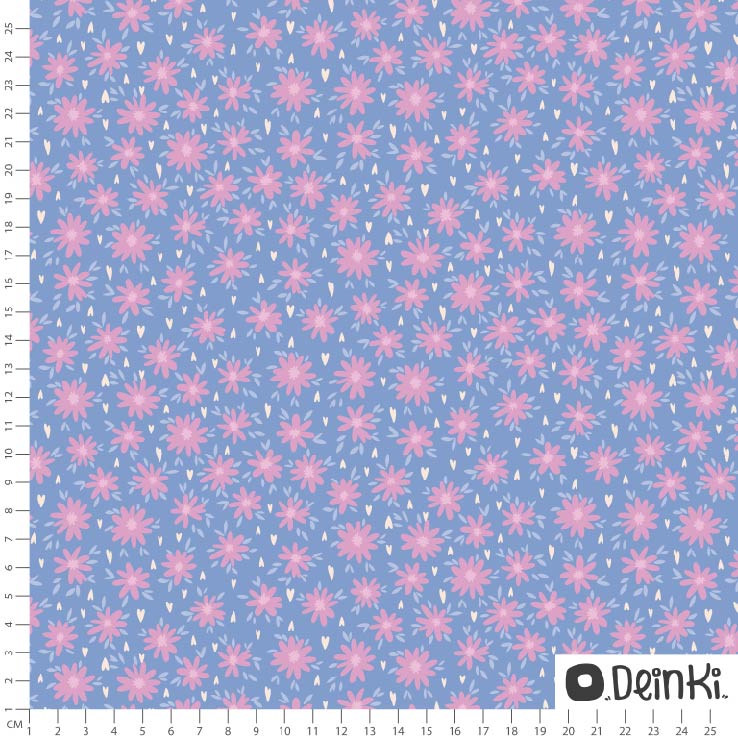 Bio Stoff  - Pastellblumen Vier Blau Rosa - Deinki, bunt, Blumen