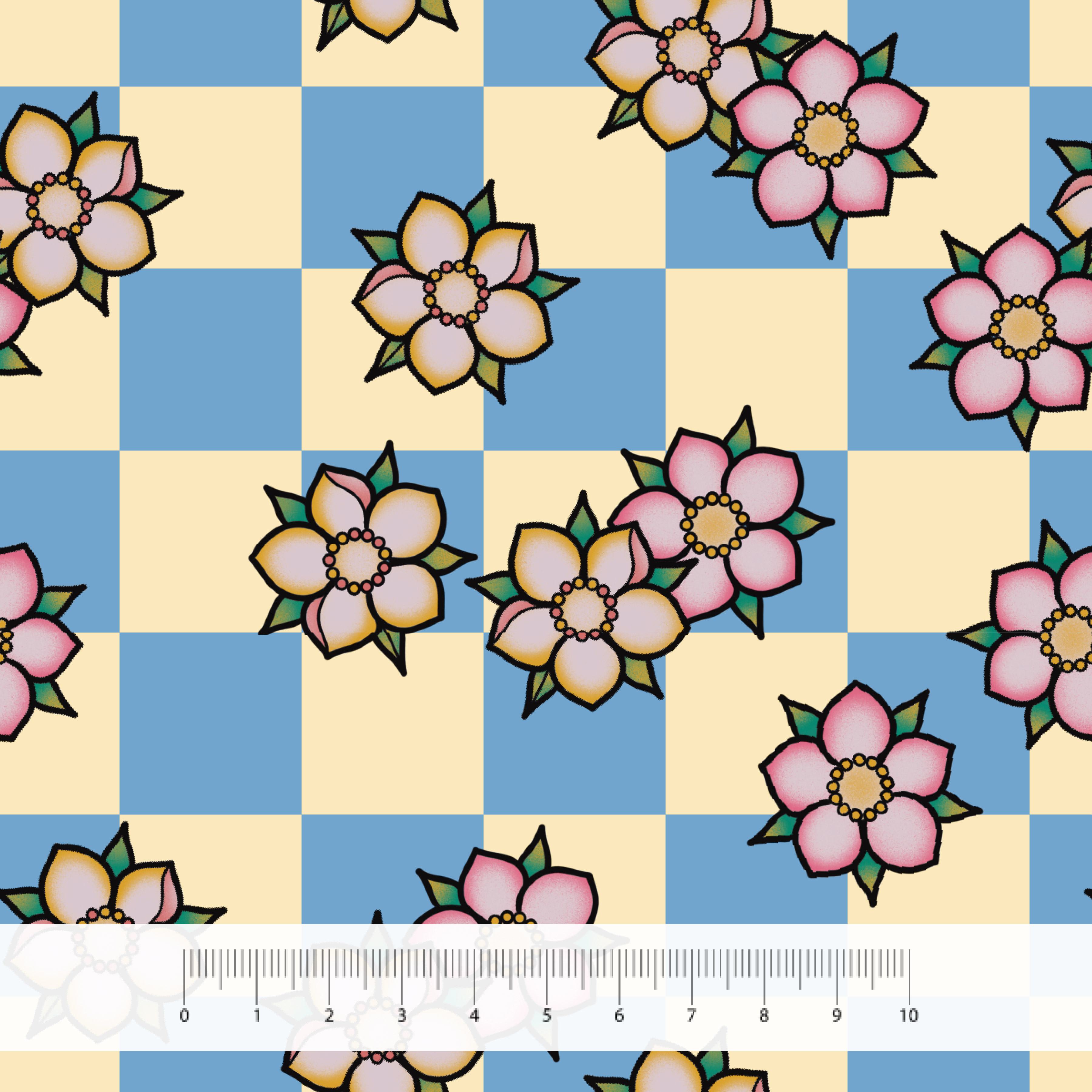 Bio Stoff  - Blossom Check Blue - AmesDefinitelyOdd, blau, kariert, Floral & Blumen