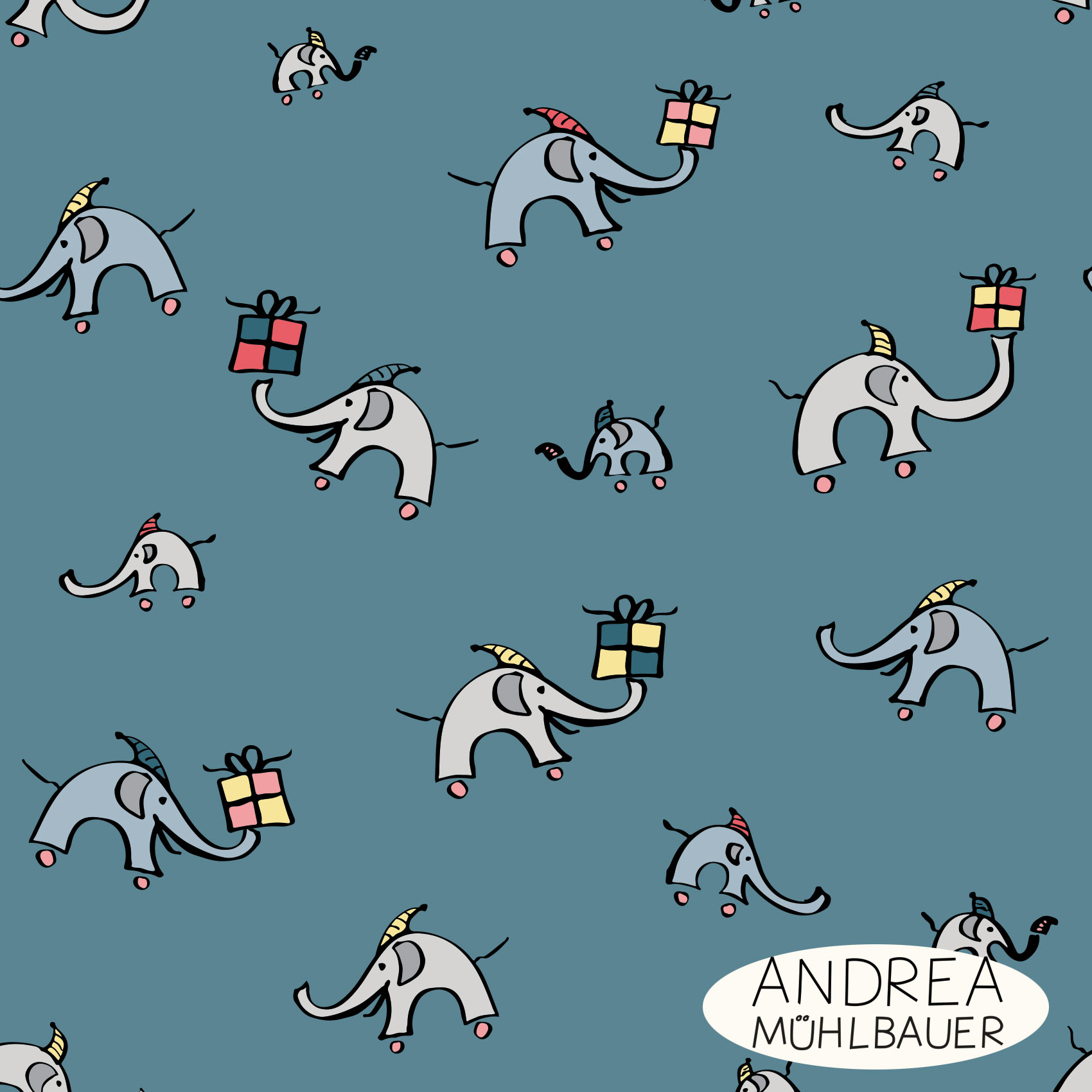 Bio Stoff  - Christmas Elephants and Stars on Blue - AndreaMuehlbauer, Tiere, Weihnachten, blau