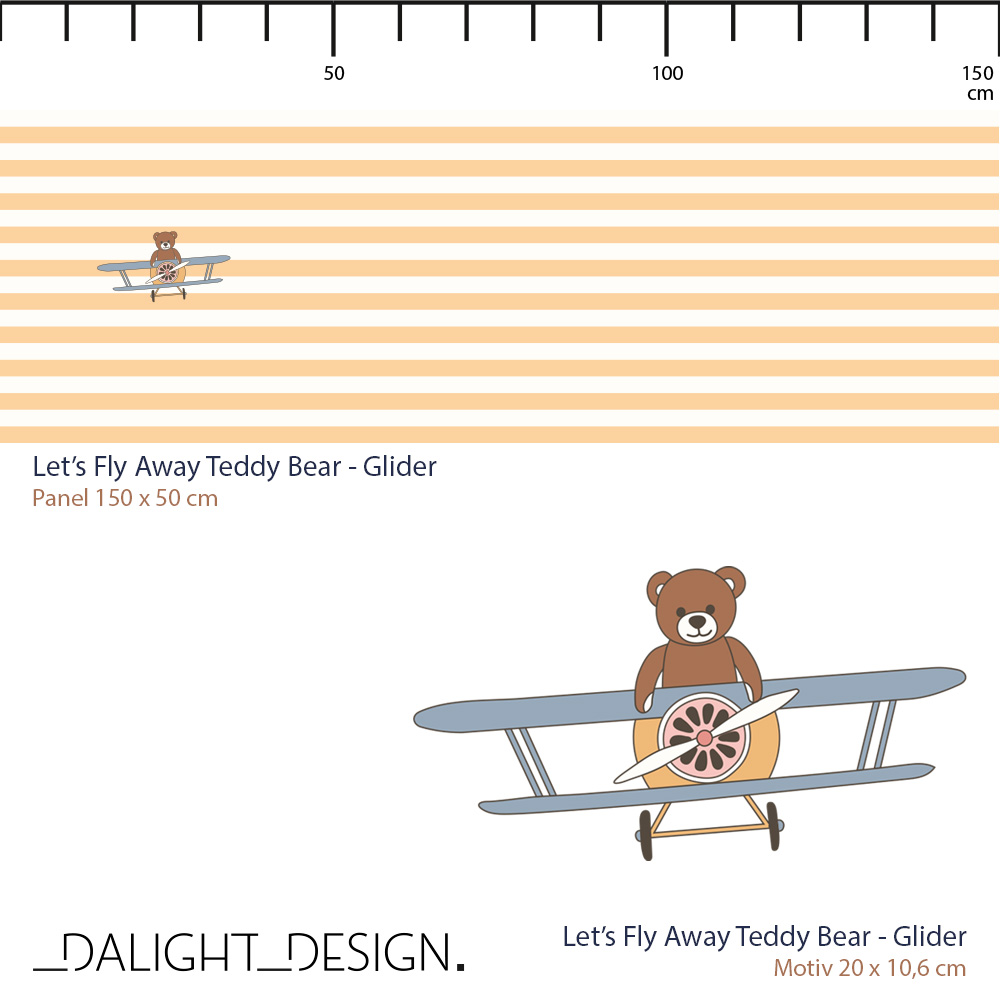 Bio Webware Stoff  -  50 cm Panel Lets Fly Away Bear Glider - DalightDesign, gelb, Streifen, Tiere, 100% Bio-Baumwolle