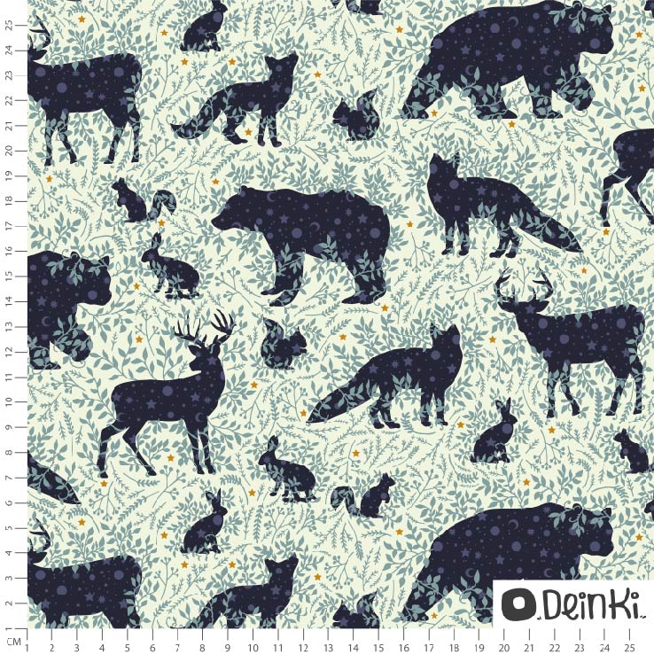 Bio Stoff  - Waldtiere Weiß Grün - Deinki,grün, Tiere, Sterne