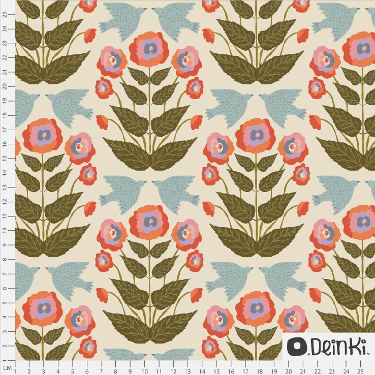 Bio Stoff  - Folk Begonien Und Vögel Weiss Bunt - Deinki, weiß, Blumen