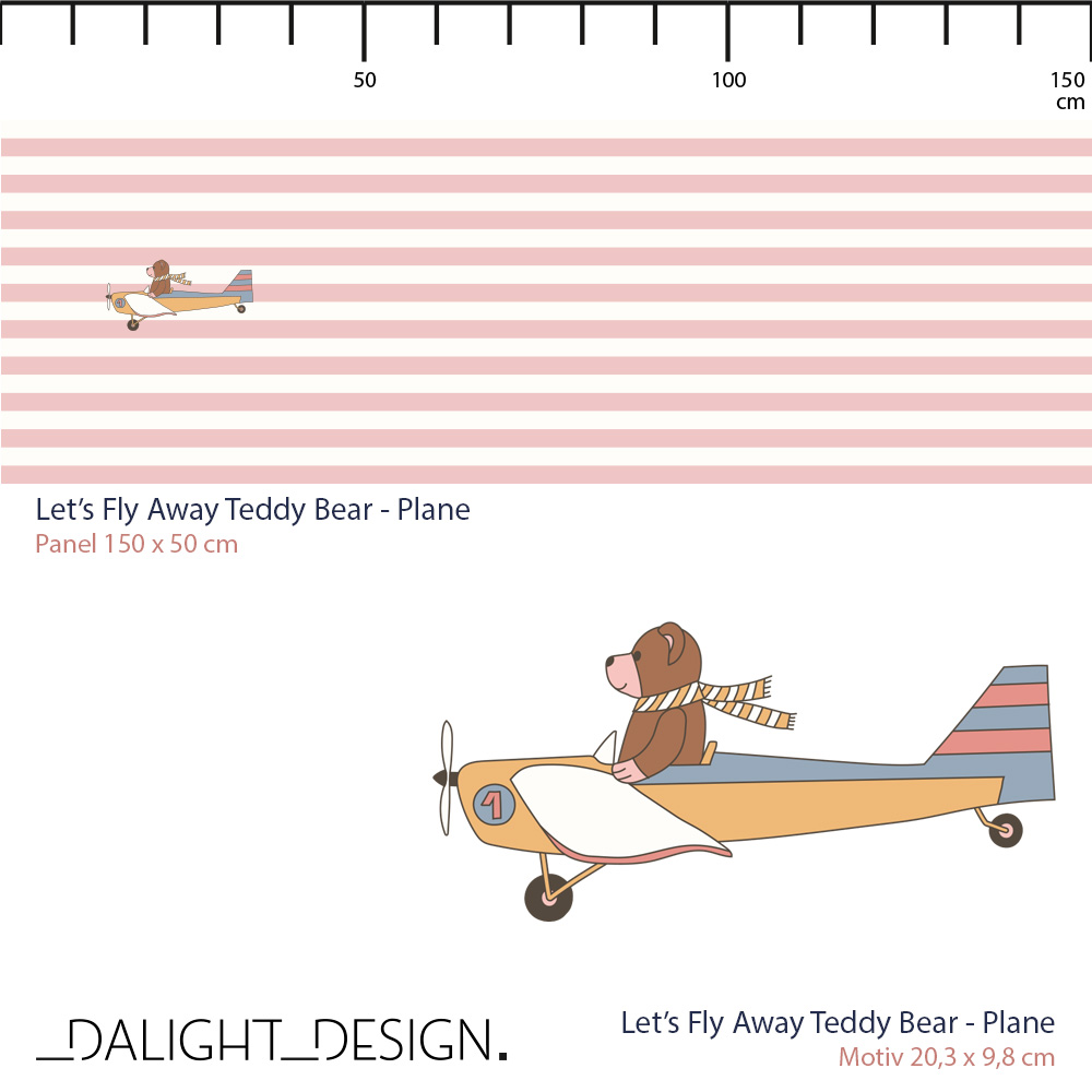 Bio Webware Stoff  - 50 cm Panel Lets Fly Away Teddy Bear Plane - DalightDesign, rosa, Streifen, Tiere, 100% Bio-Baumwolle