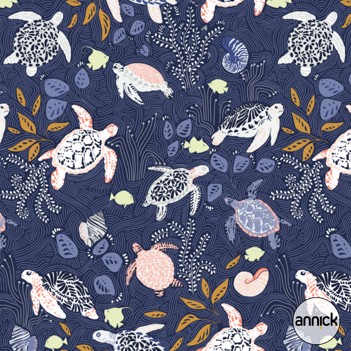 Bio Summersweat Stoff - Underwater Fantasy Sea Turtles Dark Navy Blue - Annick, blau, Maritim, Tiere Breite 150 cm Bio Summersweat Stoff - Underwater Fantasy Sea Turtles Dark Navy Blue - Annick, blau, Maritim, Tiere Breite 150 cm