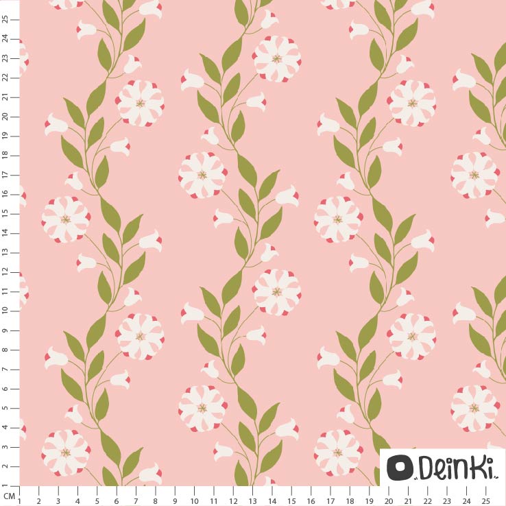 Bio Webware Stoff  - Kletterblumen Rosa Weiss - Deinki, rosa, Floral & Blumen 100% Bio-Baumwolle