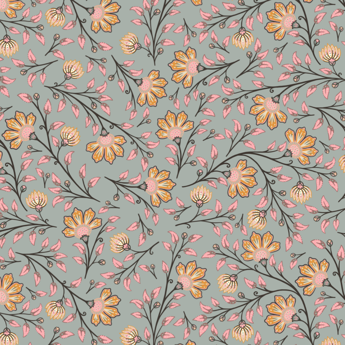 Organic Fabric  - Paisley Garden Flowers Petrol