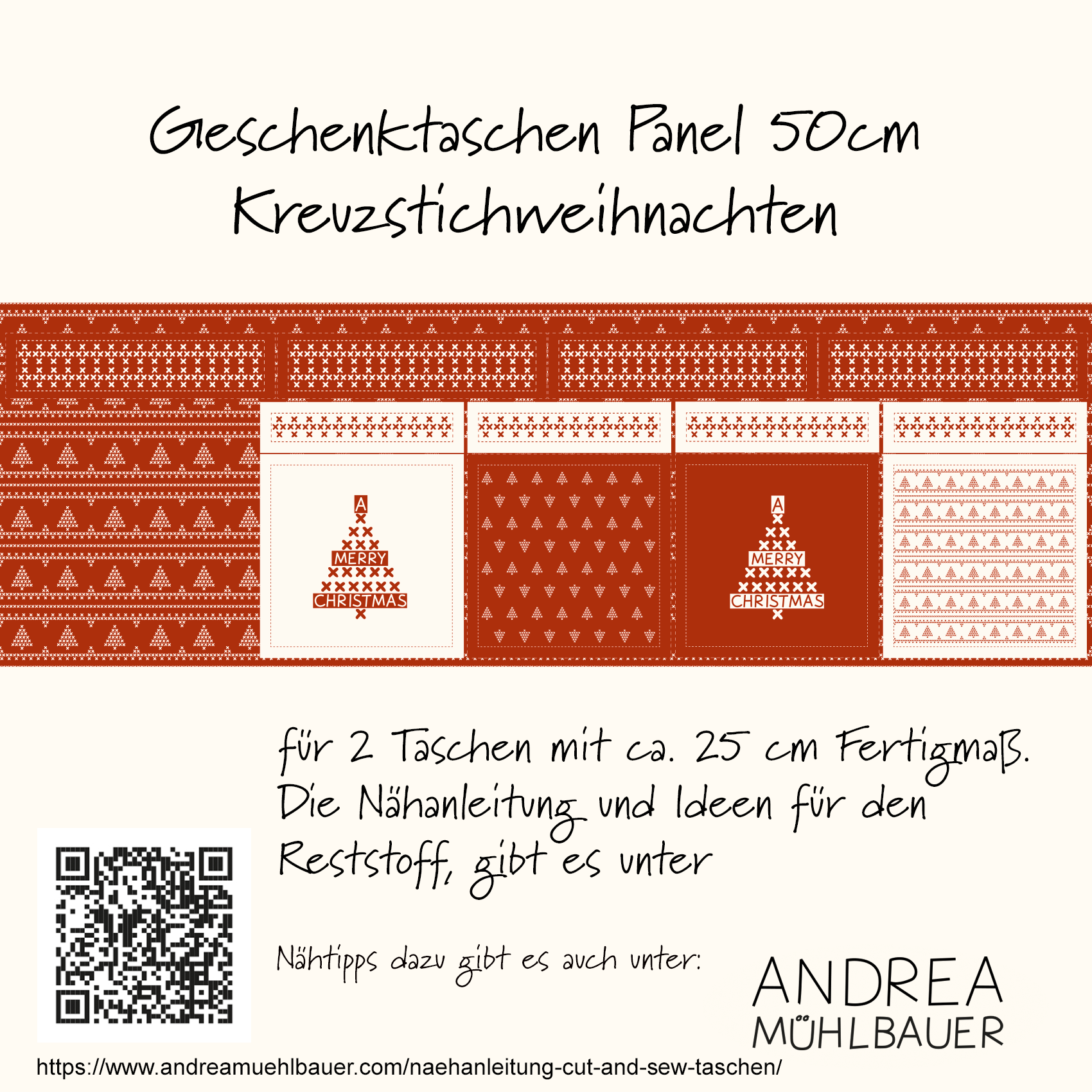 Bio Stoff - Geschenktasche Kreuzstich 50 cm Panel rot, klein 