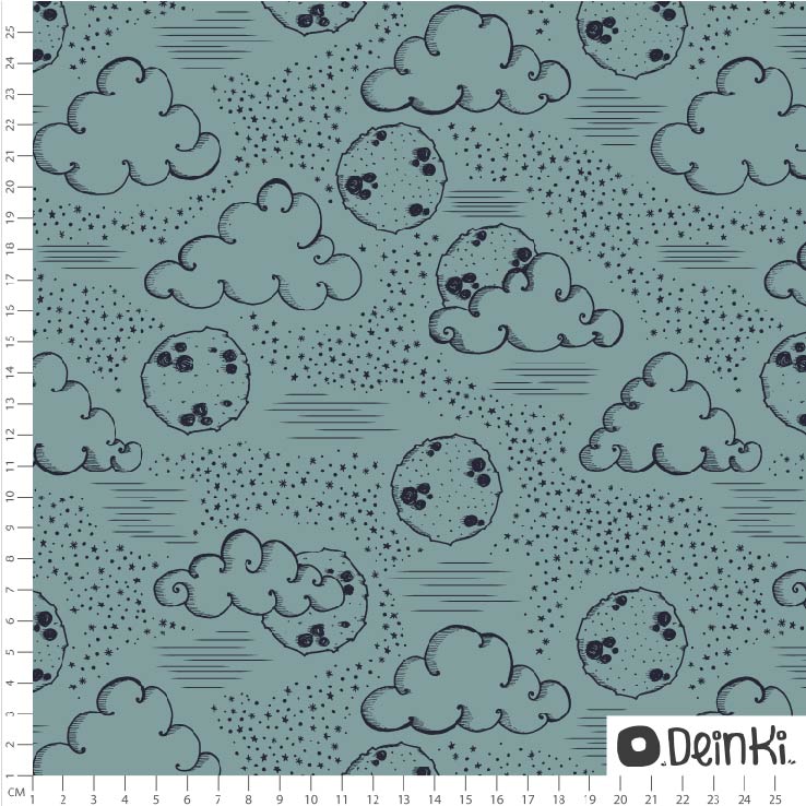 Bio Stoff  - Wolken und Mond Blau Grün  - Deinki, petrol, Wetter, Mond