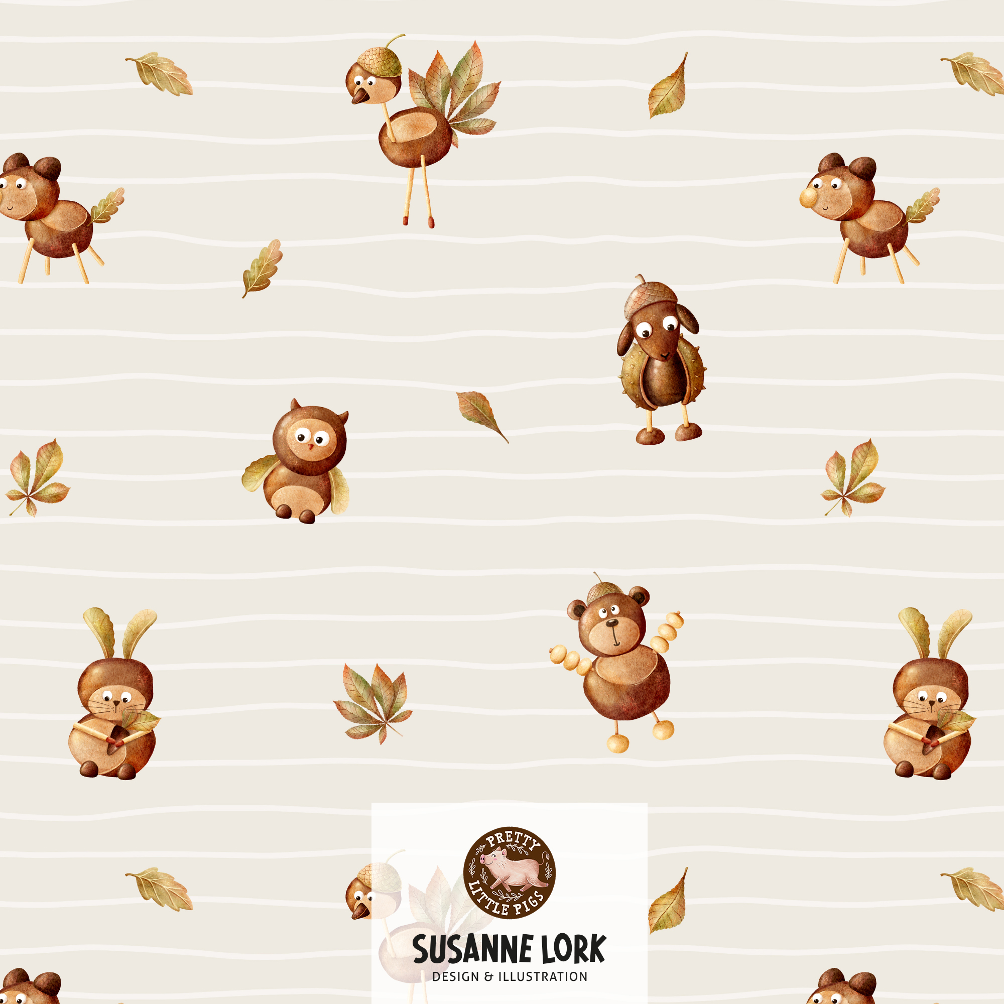 Organic Fabric - Chestnut Animals Cream by Pretty Little Pigs in cream