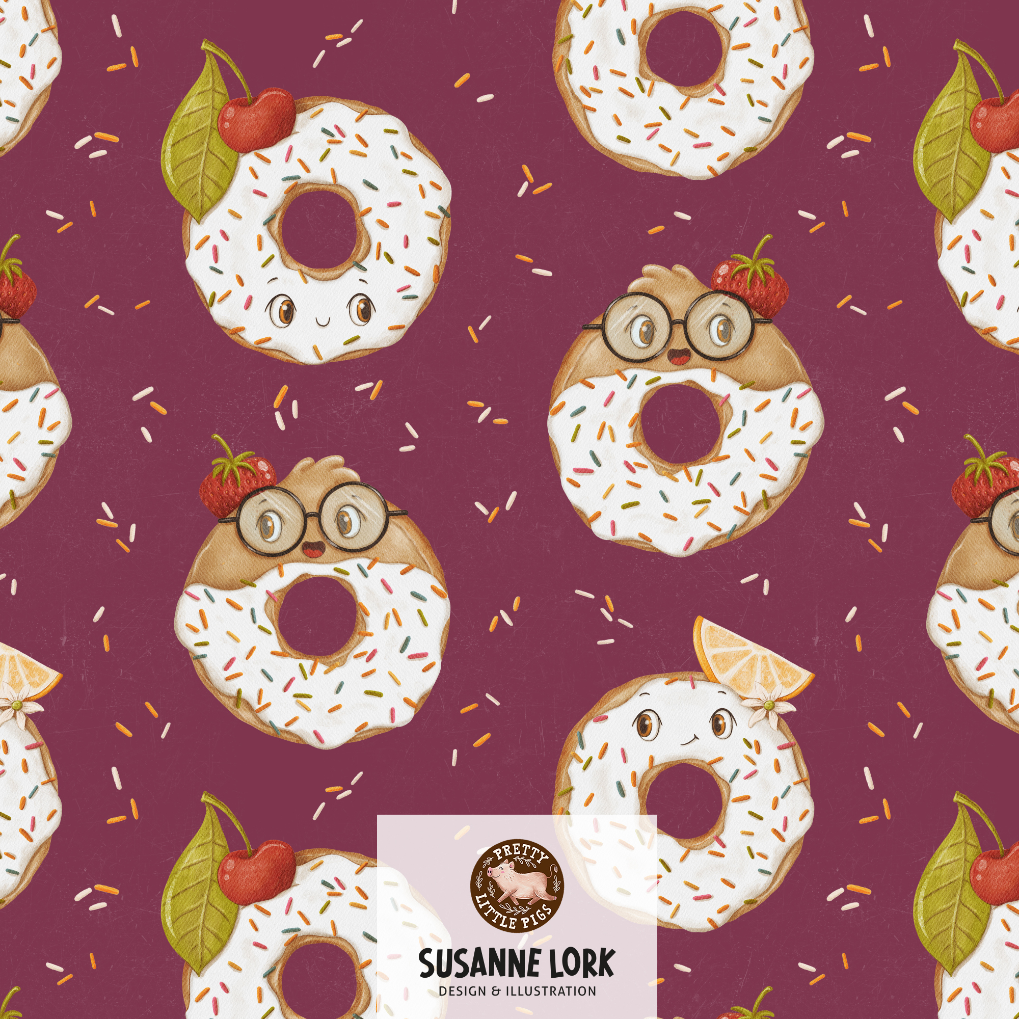 Bio Summersweat Stoff  - Donuts Beere - PrettyLittlePigs, bordeaux, Essen Breite 150 cm
