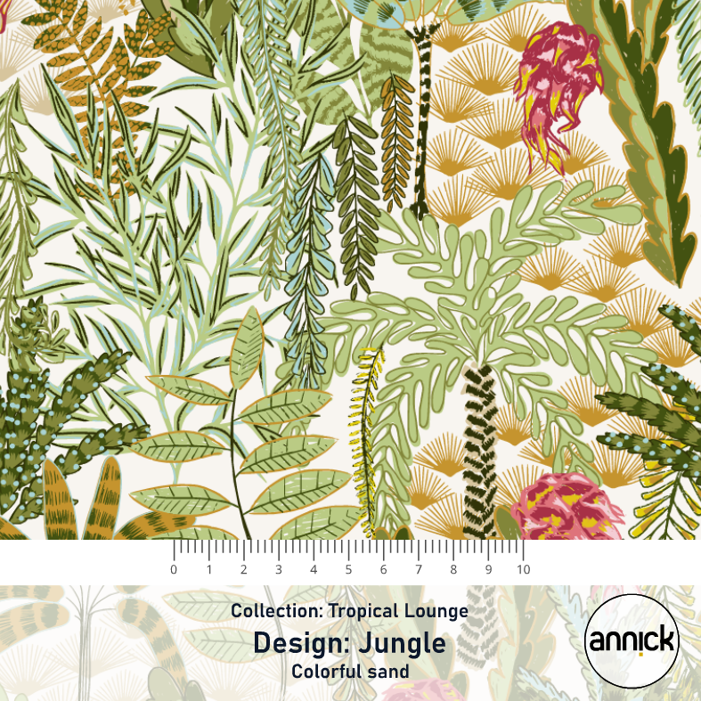Bio Stoff  - Tropical Lounge Jungle Colorful Sand  - Annick, creme, Blätter & Ranken