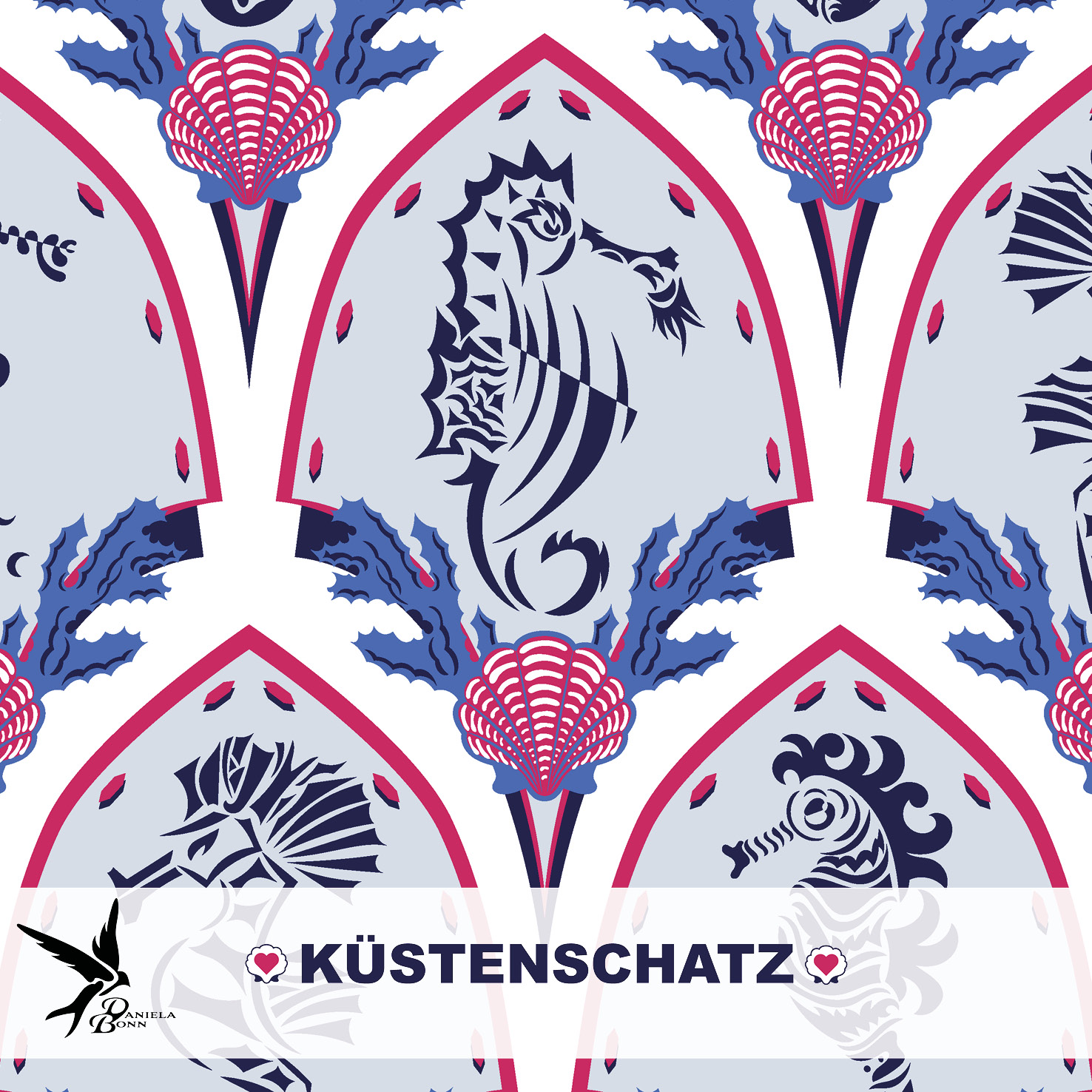 Bio Webware Stoff  -  Seepferdchen  - DanielaBonn, blau, weiß, Maritim, 100% Bio-Baumwolle