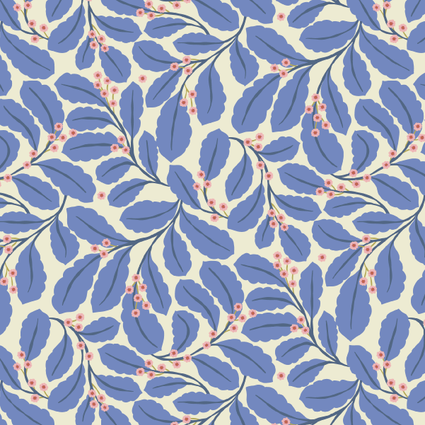 Organic fabric - Blätter und winzige Blumen blue