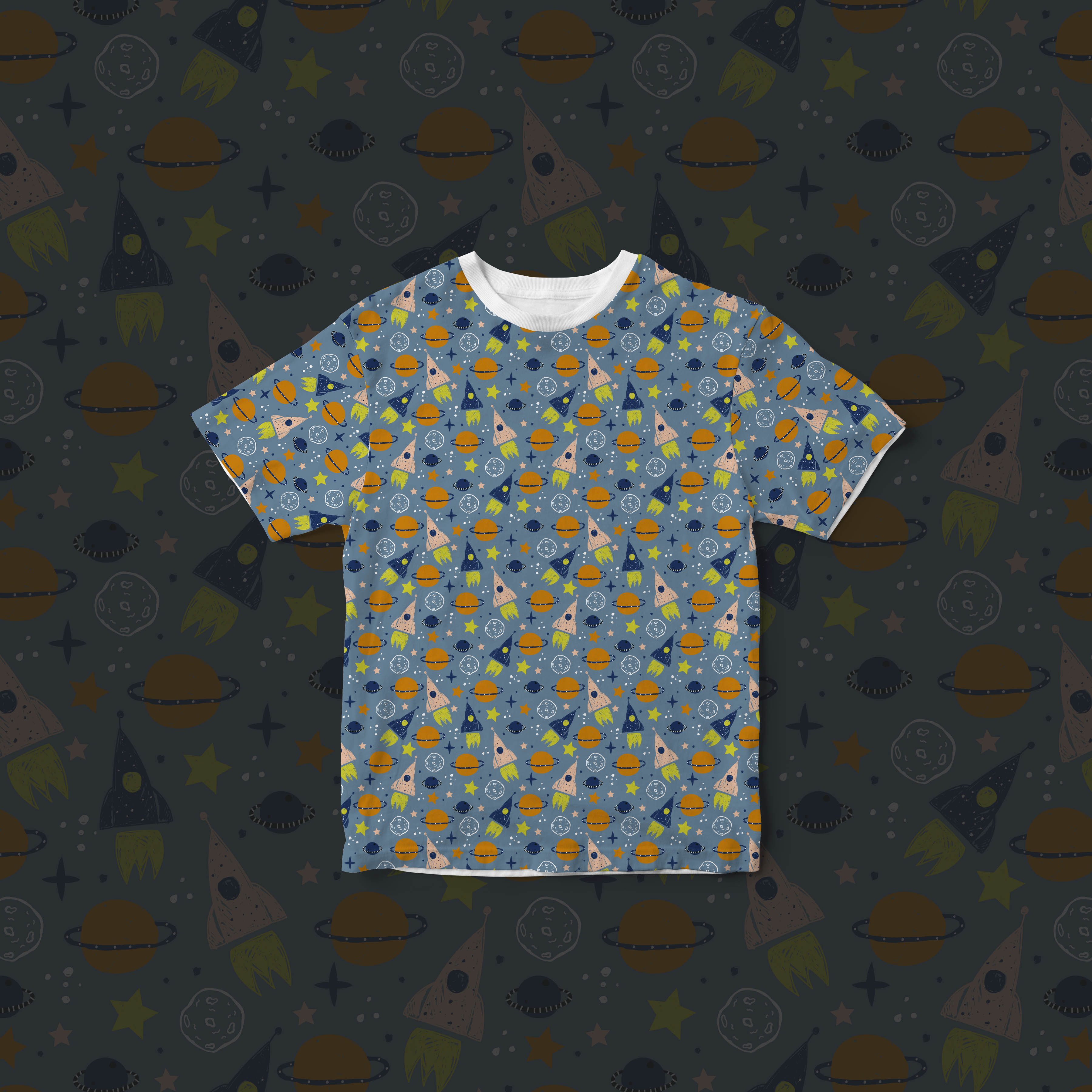 Bio Webware Stoff  -  To The Moon  - LilleSelection, orange, Weltraum, blau, grün, 100% Bio-Baumwolle