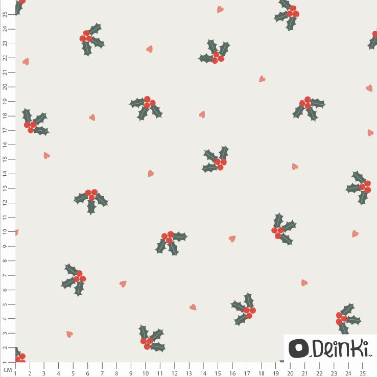 Bio Webware Stoff  - Weihnachtsditsy Stechpalme- Deinki, creme, Weihnachten, Blätter, 100% Bio-Baumwolle