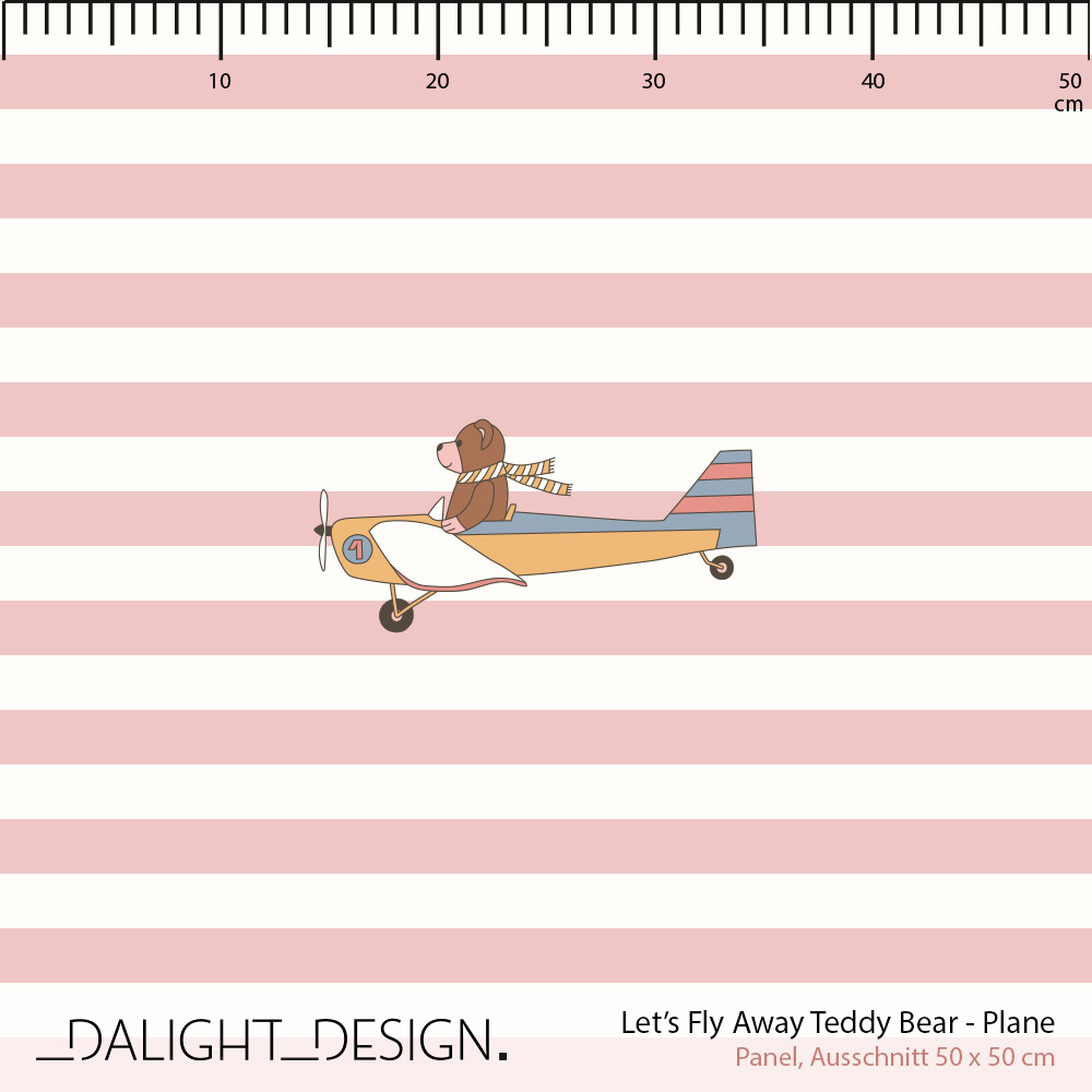Bio Stoff  - 50 cm Panel Lets Fly Away Teddy Bear Plane - DalightDesign, rosa, Streifen, Tiere