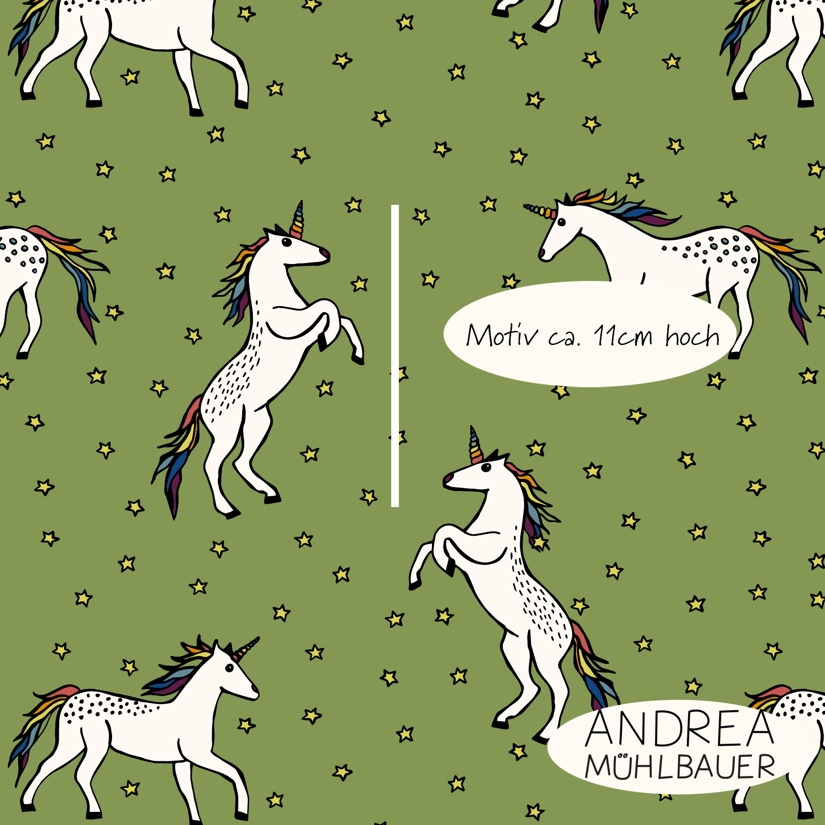 Bio Webware Stoff  -  Einhörner Middle Green  - AndreaMuehlbauer, grün, Tiere, Fantasy, 100% Bio-Baumwolle