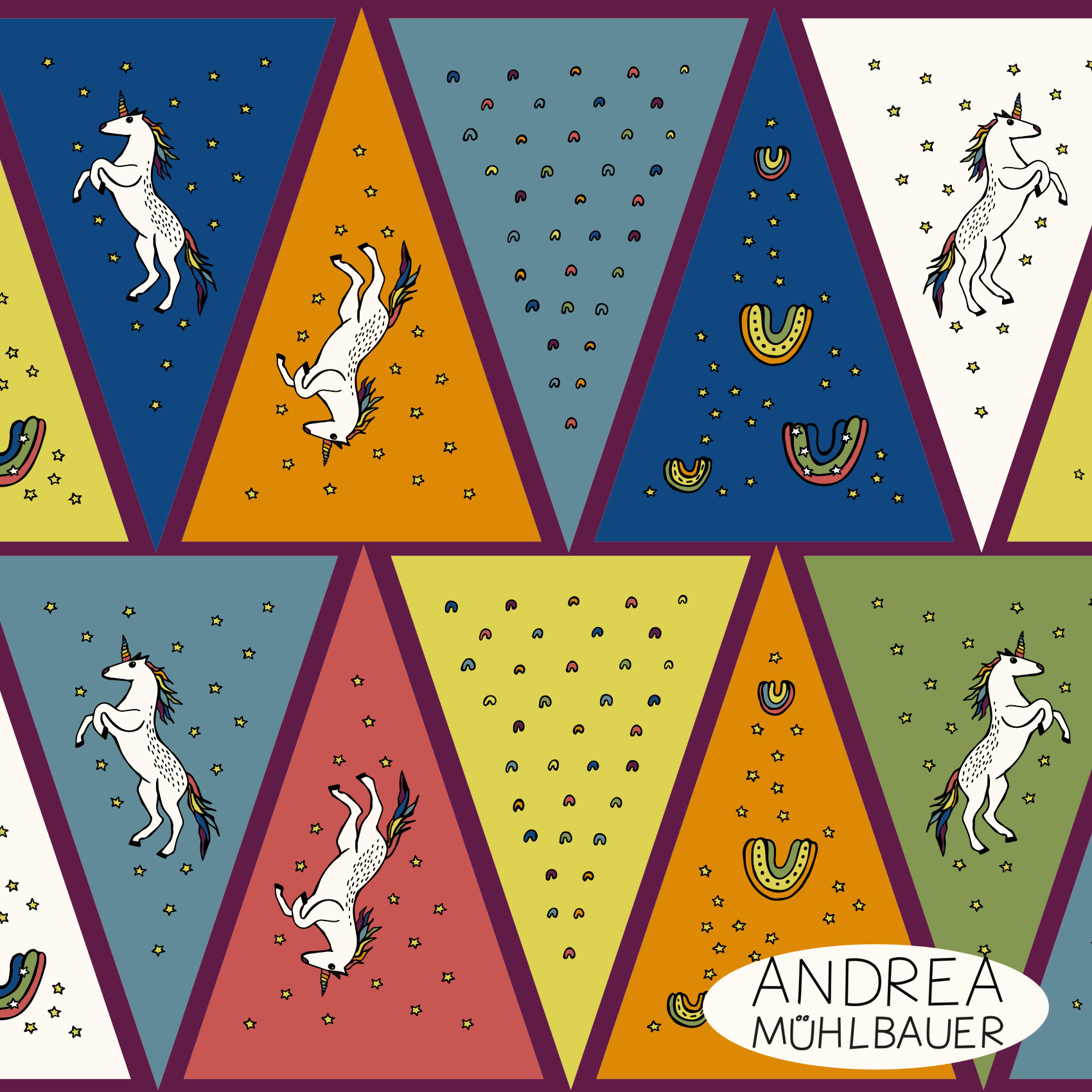 Bio Stoff -  50 cm Panel Einhorn Regenbogen Party Wimpel von Andrea Muehlbauer in bunt