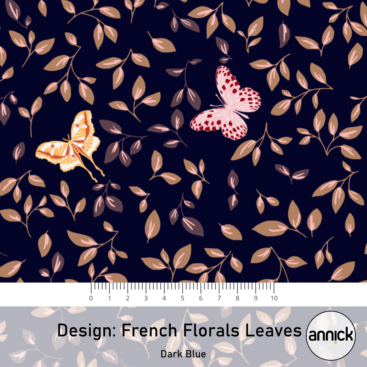 Bio Stoff  -  French Florals Leaves Dark Blue - Annick, Streifen, blau