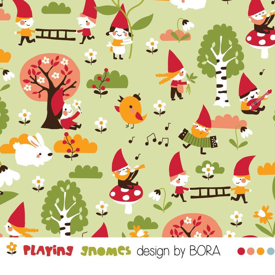 Scuba Stoff  -  Playing Gnomes  - Bora, Wald, rot, grün, Breite 150 cm