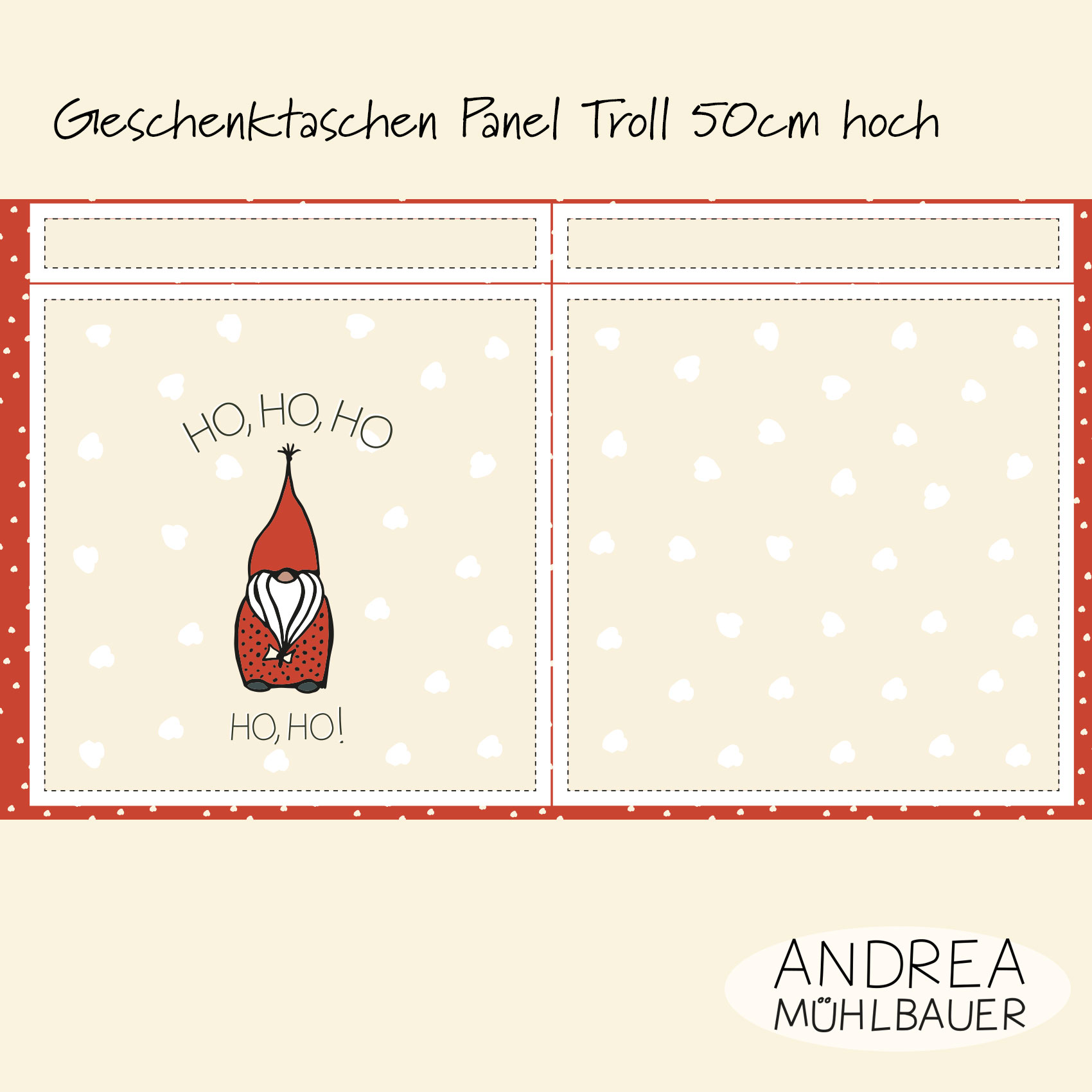 Bio Webware Stoff - 50 cm Panel Geschenktasche Christmas in the Forest Troll red - AndreaMuehlbauer, creme, Cut & Sew, 100% Bio-Baumwolle Bio Webware Stoff - 50 cm Panel Geschenktasche Christmas in the Forest Troll red - AndreaMuehlbauer, creme, Cut & Sew, 100% Bio-Baumwolle