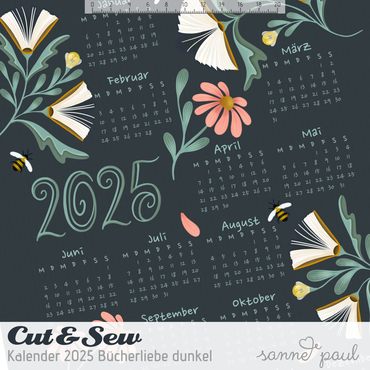 Bio Stoff  -  50 cm Panel Kalender Buchliebe dunkel - SannePaul, Cut & sew, blau