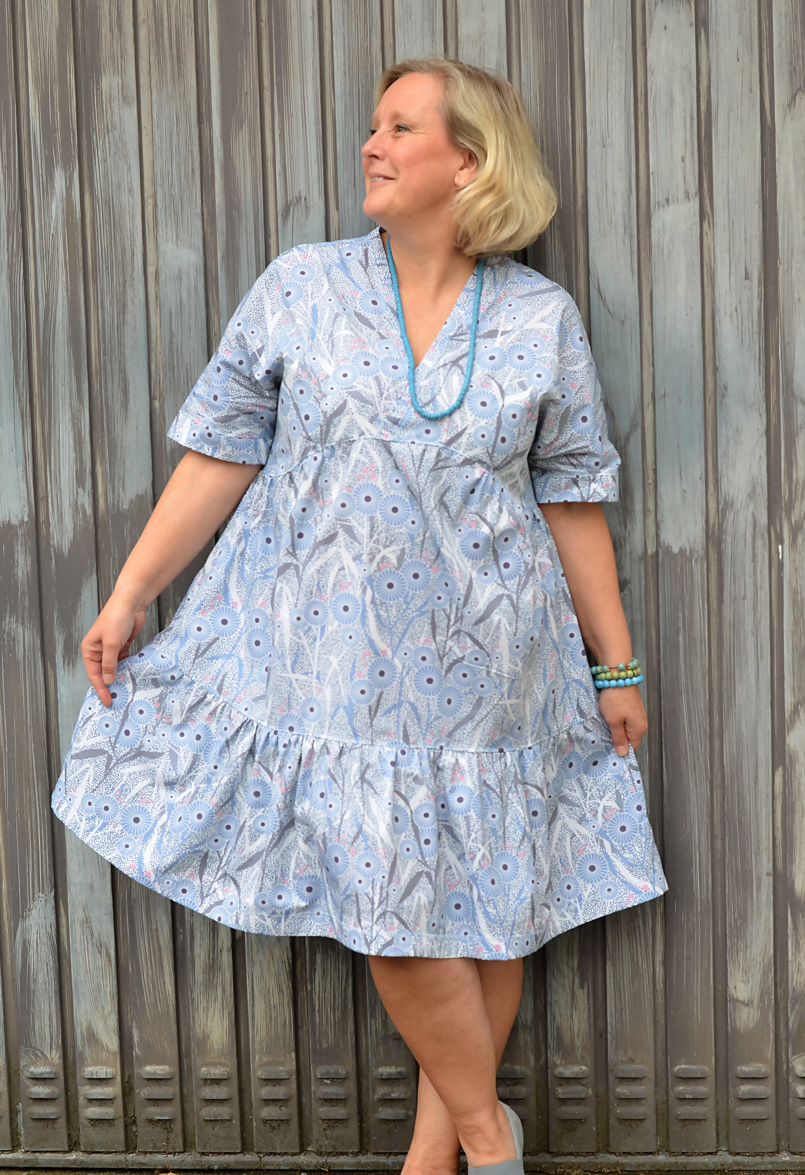 Bio Fabric - Japandi Flowers Dusty Blue by Annick in blue