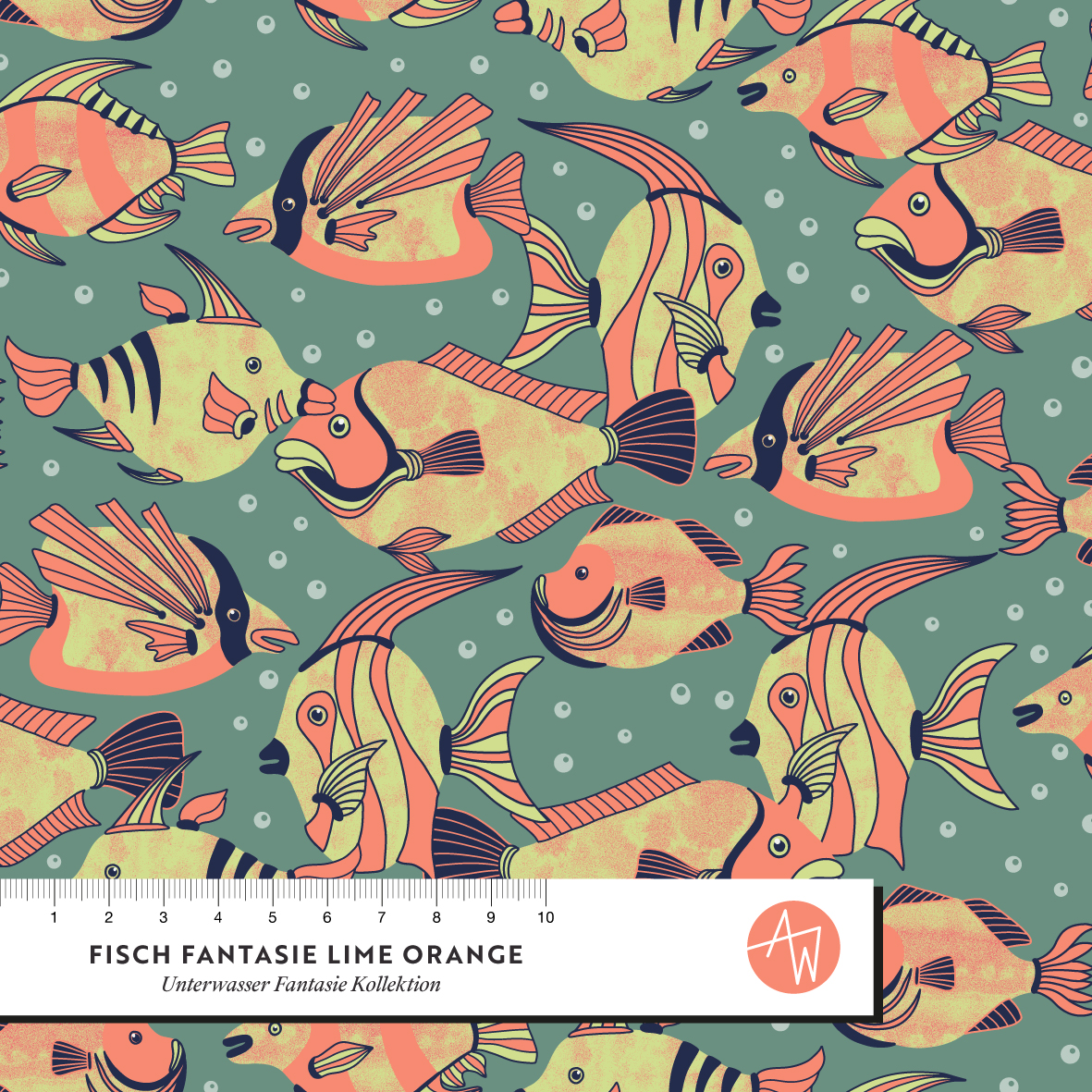 Organic Fabric - Fish Fantasy Navy Pink by Alexandra Weise in blue