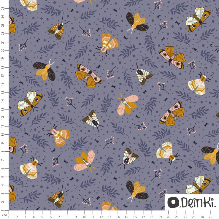 Bio Webware Stoff - Motten Lila - Deinki, lila, Tiere, 100% Bio-Baumwolle Bio Webware Stoff - Motten Lila - Deinki, lila, Tiere, 100% Bio-Baumwolle