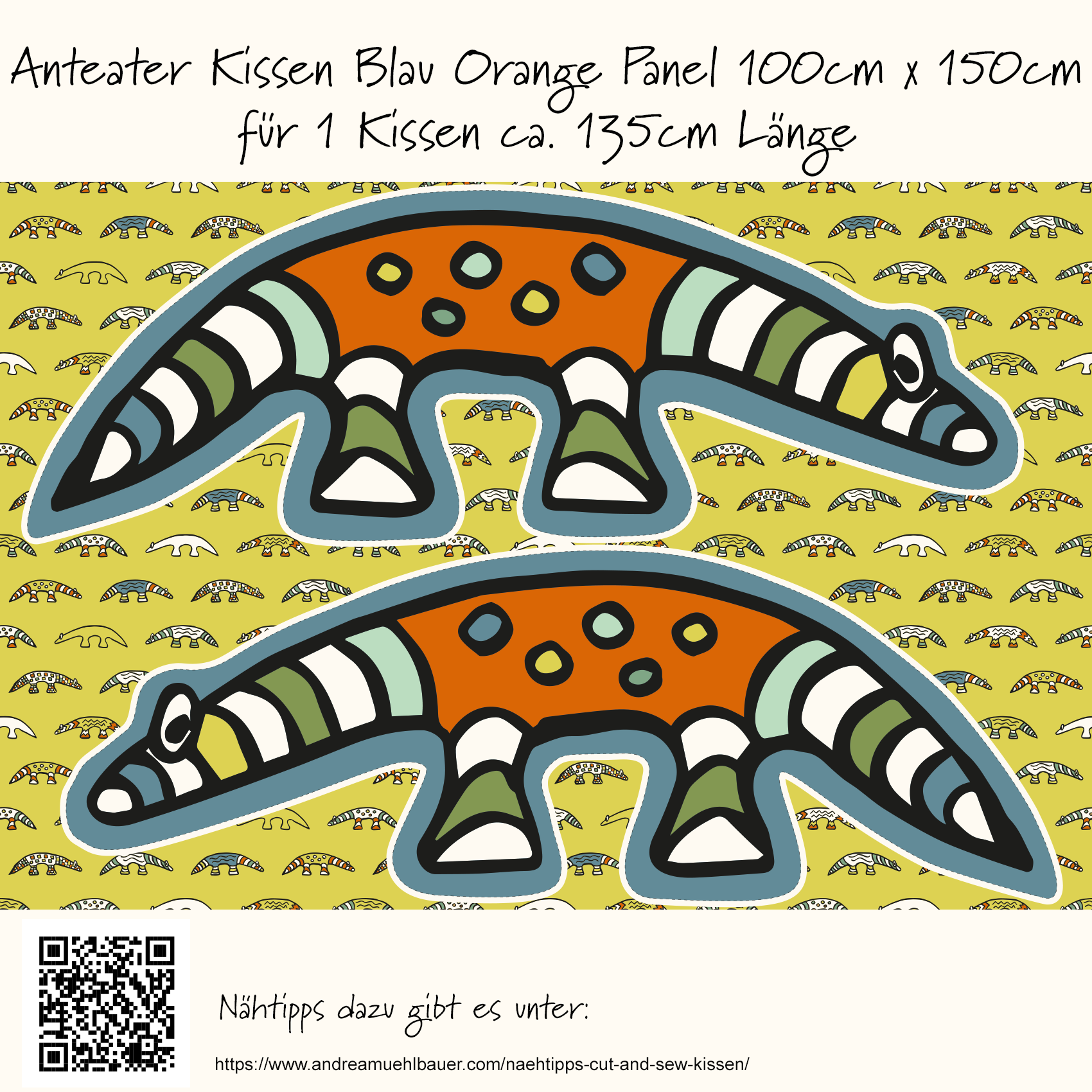Bio Stoff  -  Anteater Kissen 1m Panel blau, orange
