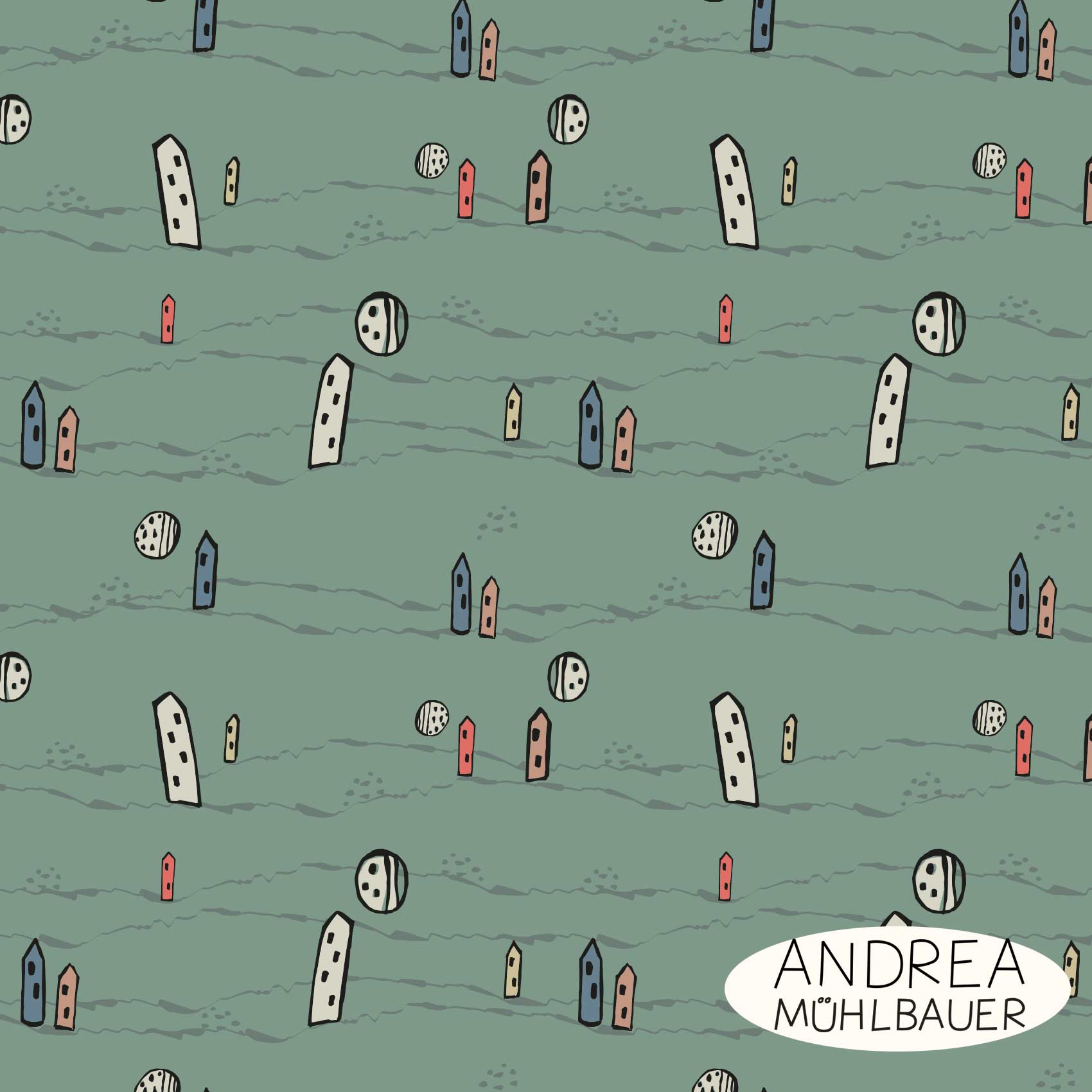 Bio Webware Stoff  -  City Summer Dust Houses on Green Lawn Medium  - AndreaMuehlbauer, Abstrakt, grün, 100% Bio-Baumwolle