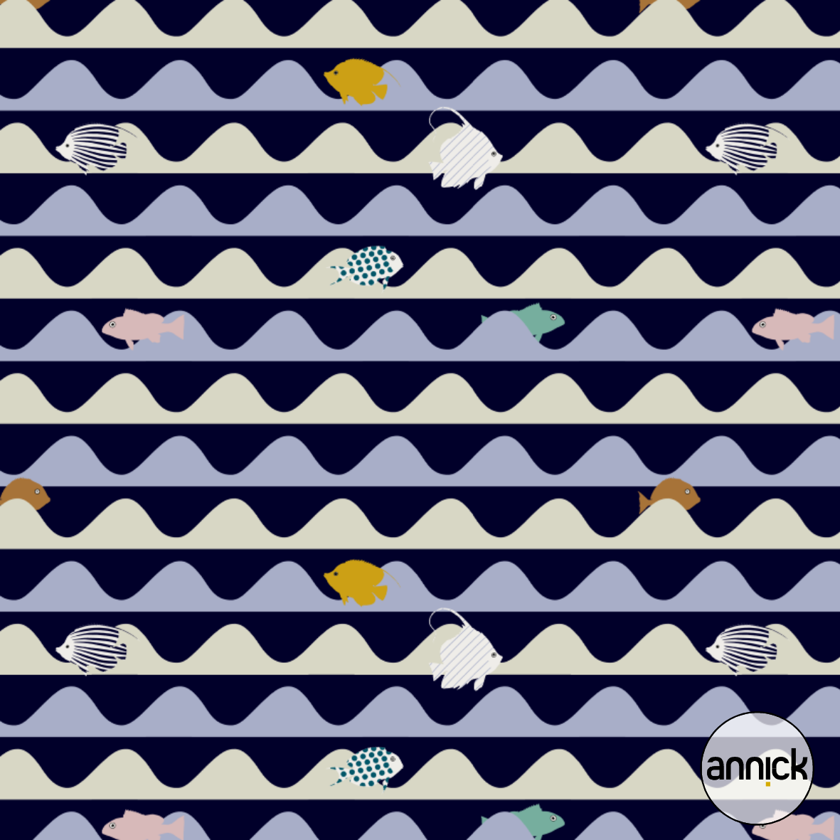 Bio Webware Stoff  -  Fresh Fish Waves Dark Navy - Annick, blau, Maritim, Tiere 100% Bio-Baumwolle